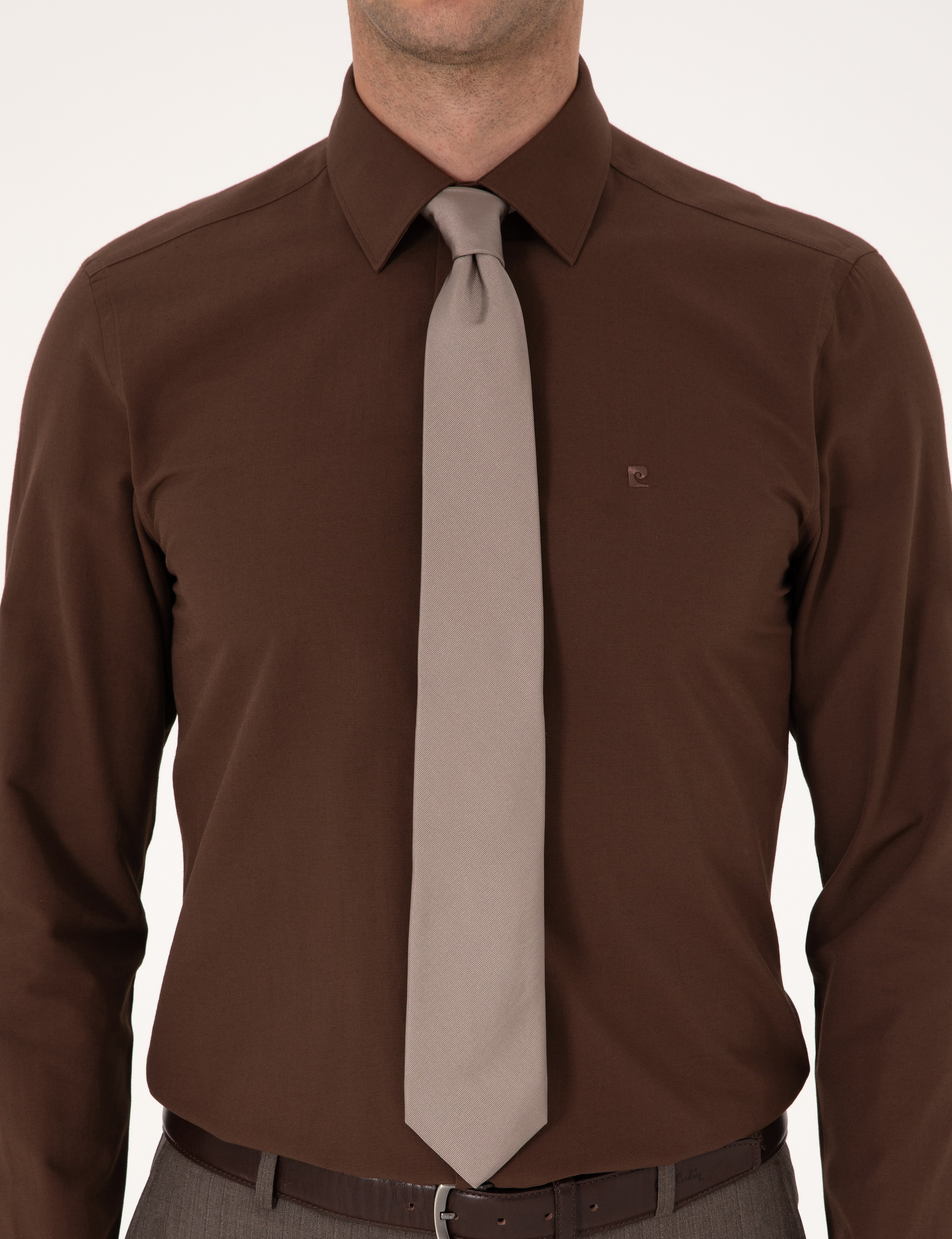 Kahverengi Slim Fit Uzun Kollu Basic Gömlek