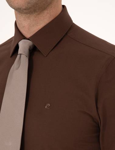 Kahverengi Slim Fit Uzun Kollu Basic Gömlek
