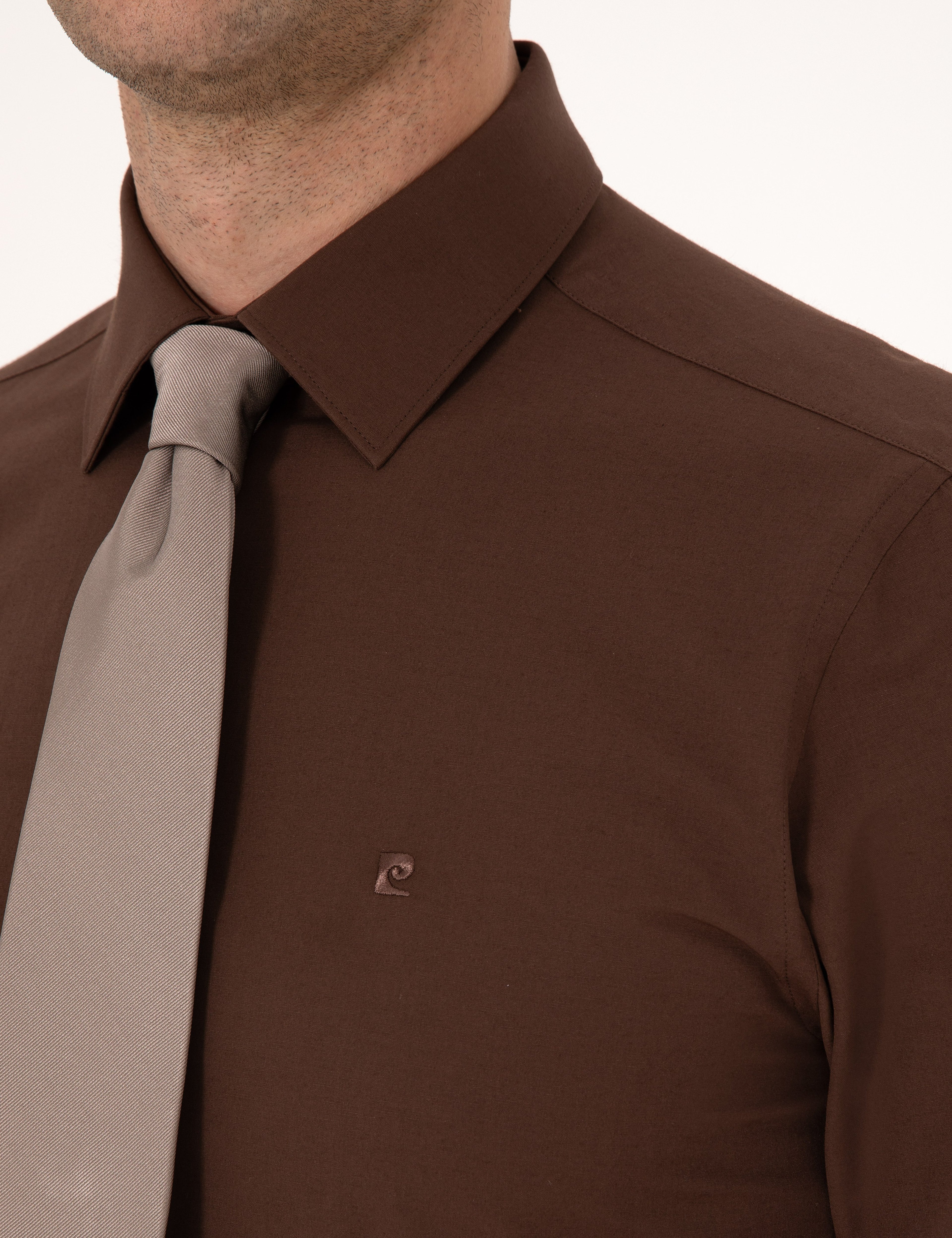 Kahverengi Slim Fit Uzun Kollu Basic Gömlek
