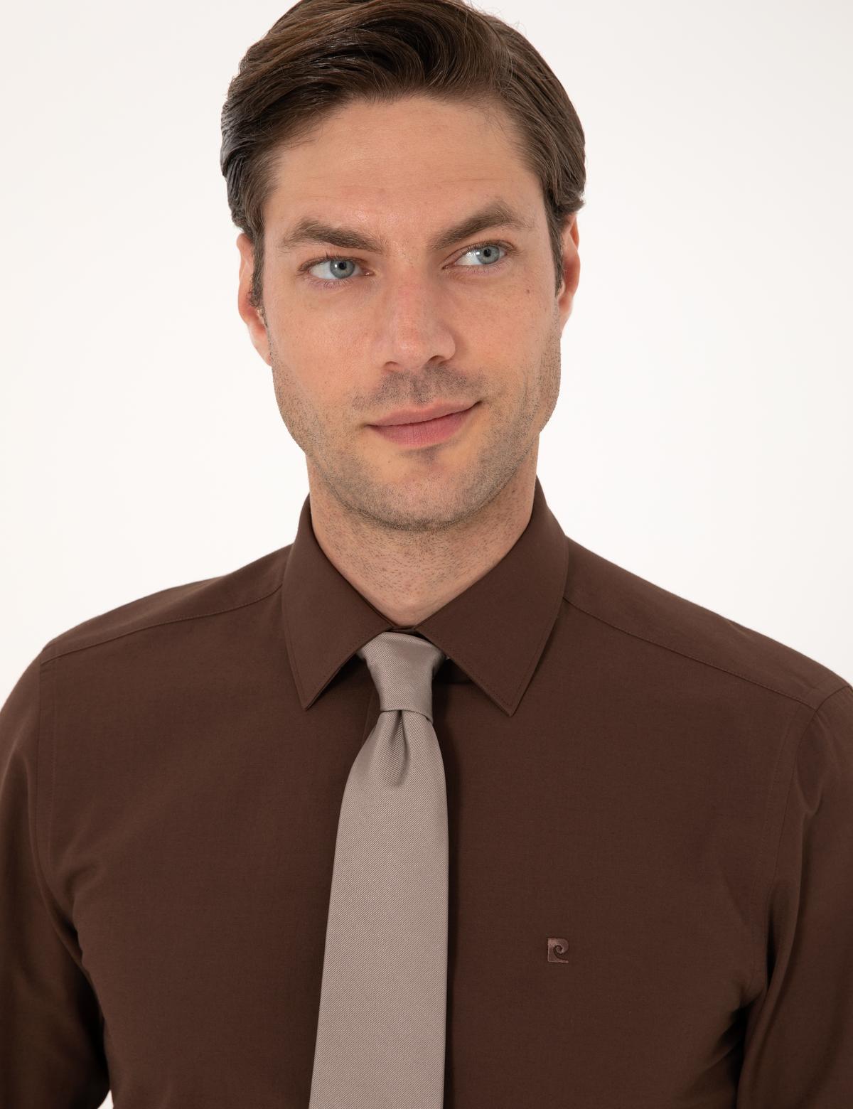 Kahverengi Slim Fit Uzun Kollu Basic Gömlek - 50316734041