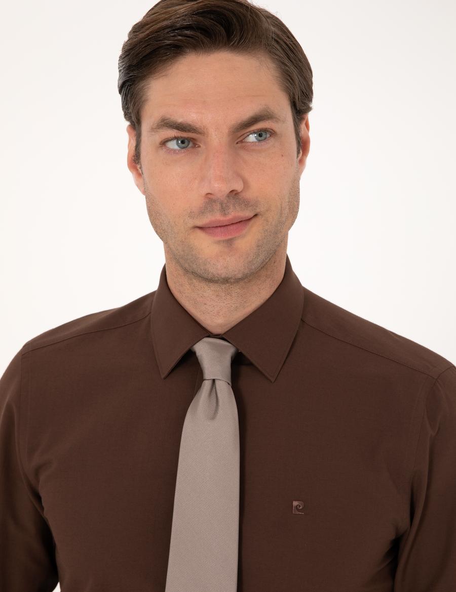 Kahverengi Slim Fit Uzun Kollu Basic Gömlek