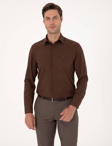 Kahverengi Slim Fit Uzun Kollu Basic Gömlek