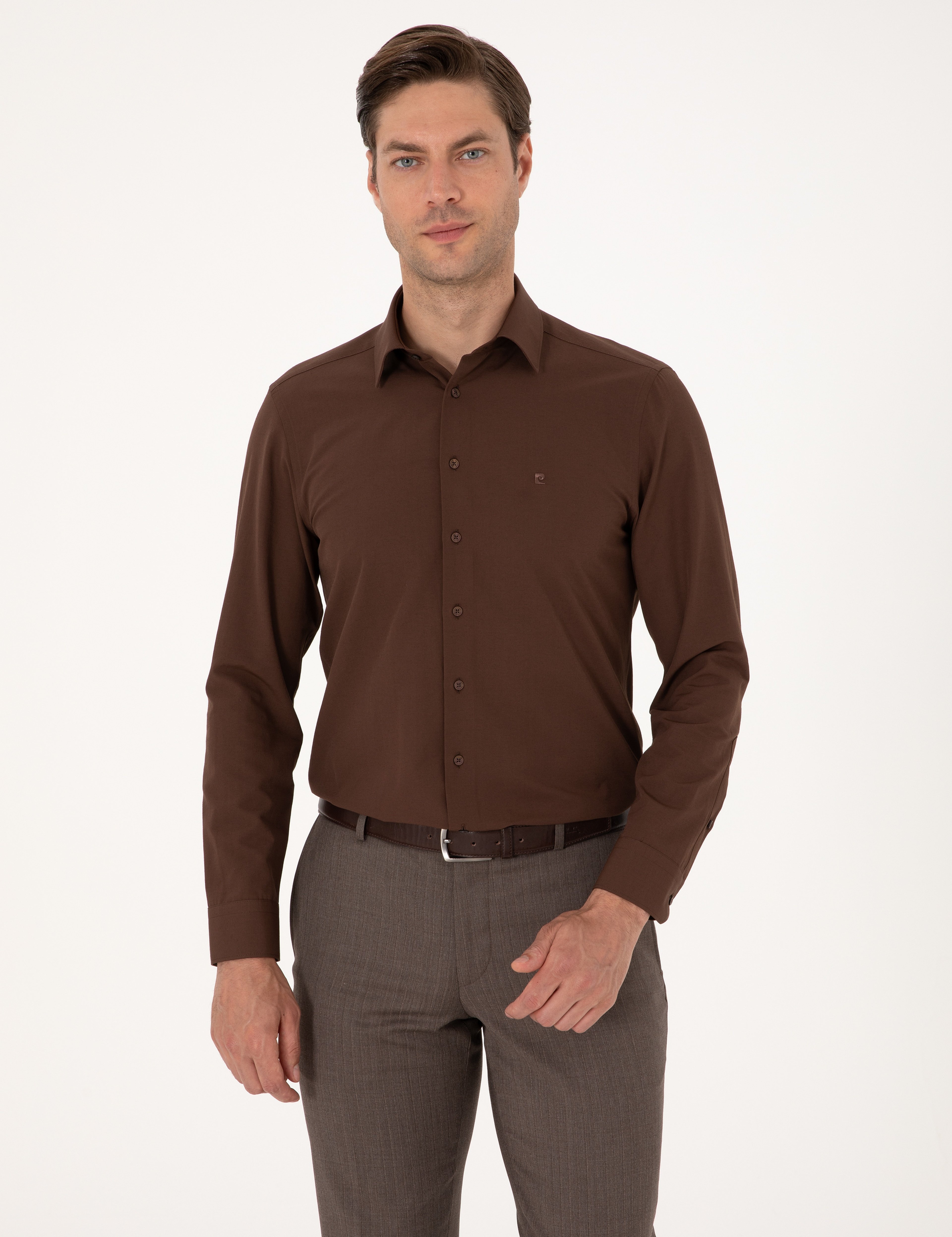 Kahverengi Slim Fit Uzun Kollu Basic Gömlek - Image 3