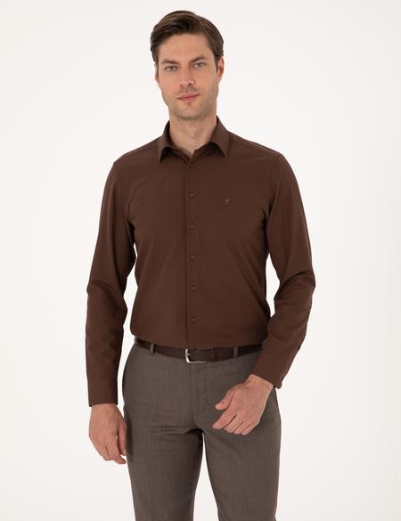 Kahverengi Slim Fit Uzun Kollu Basic Gömlek - 50316734041
