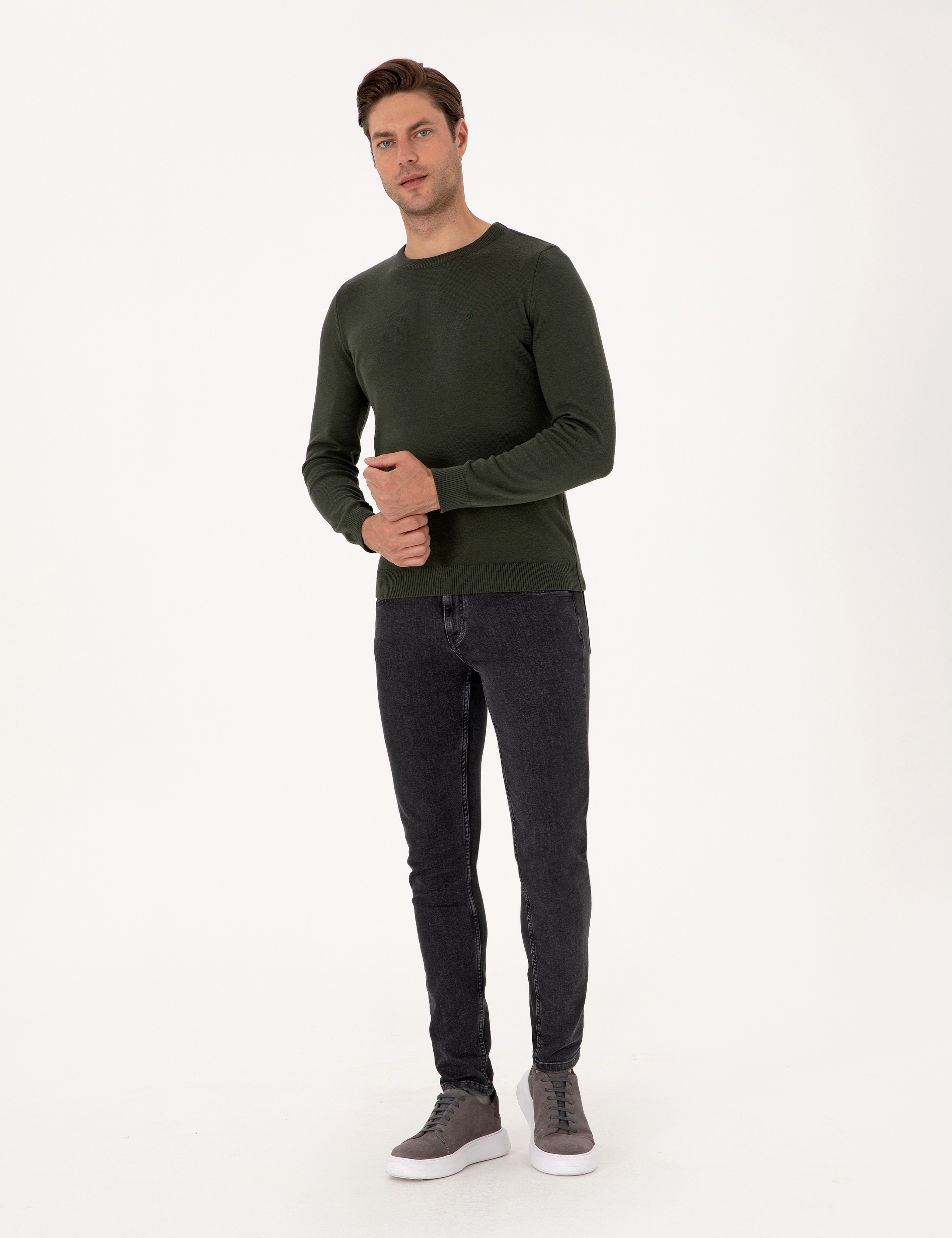 Koyu Haki Slim Fit Bisiklet Yaka Basic Triko Kazak