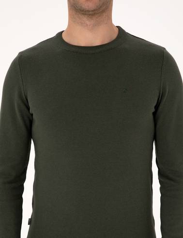 Koyu Haki Slim Fit Bisiklet Yaka Basic Triko Kazak