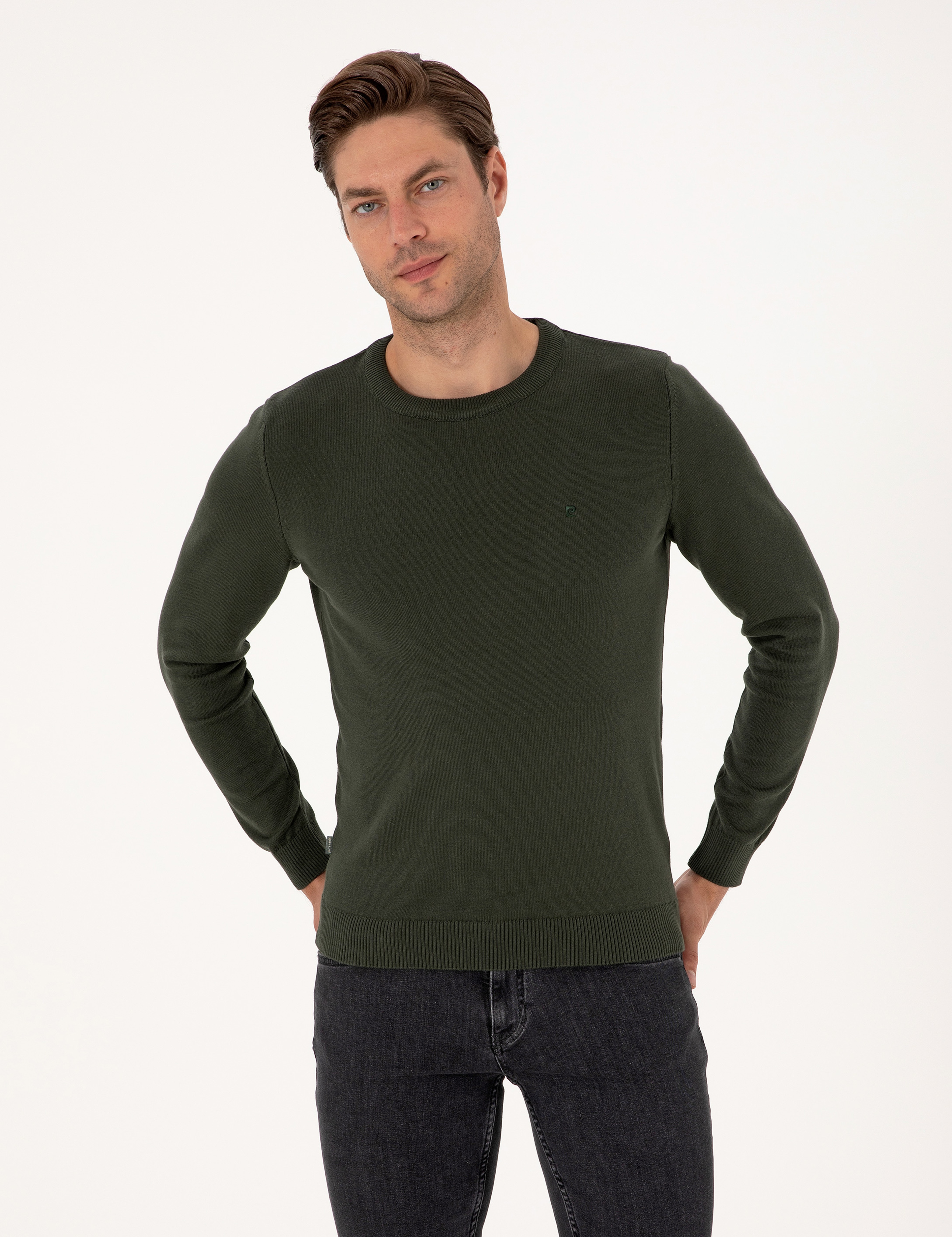 Koyu Haki Slim Fit Bisiklet Yaka Basic Triko Kazak - Image 3