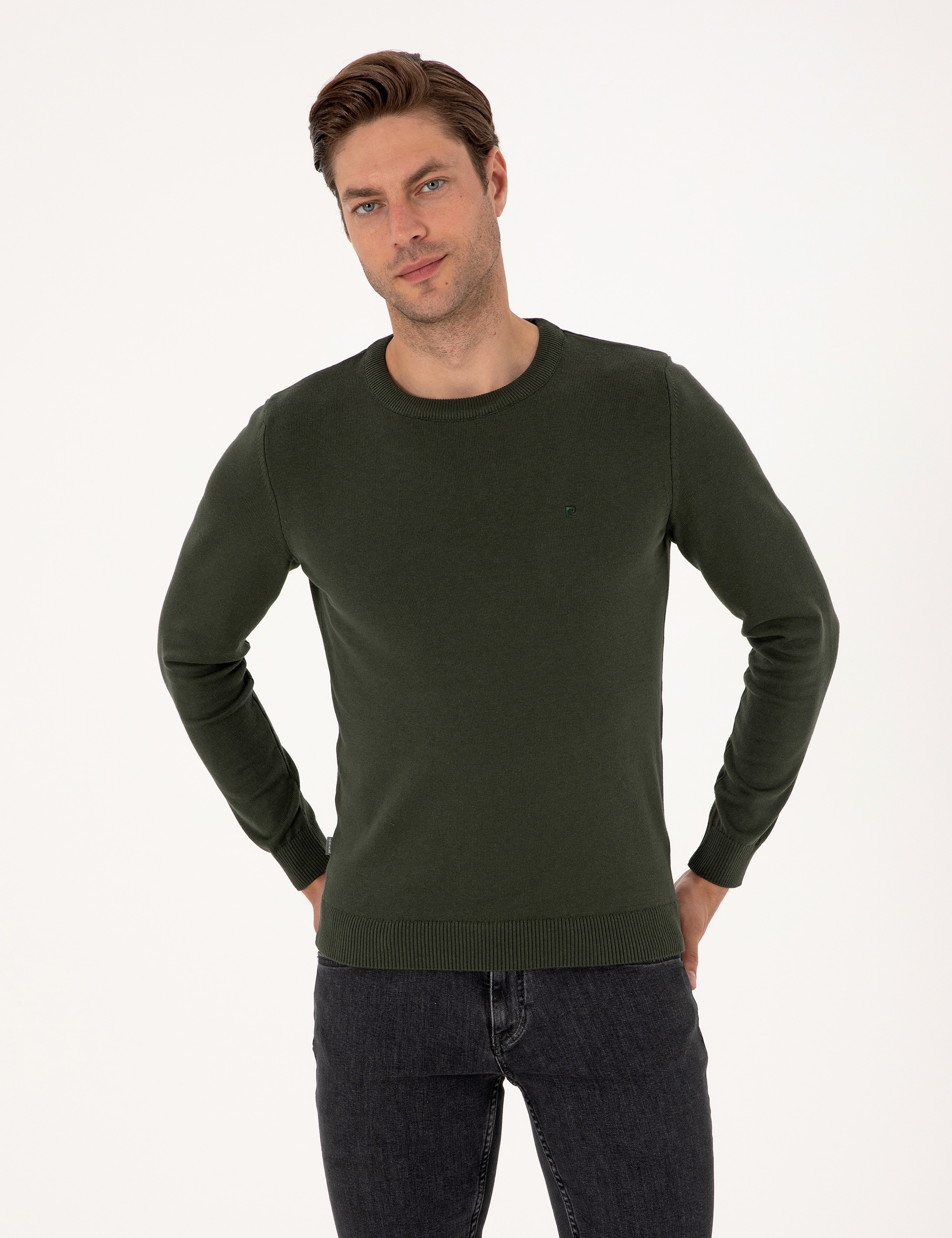 Koyu Haki Slim Fit Bisiklet Yaka Basic Triko Kazak
