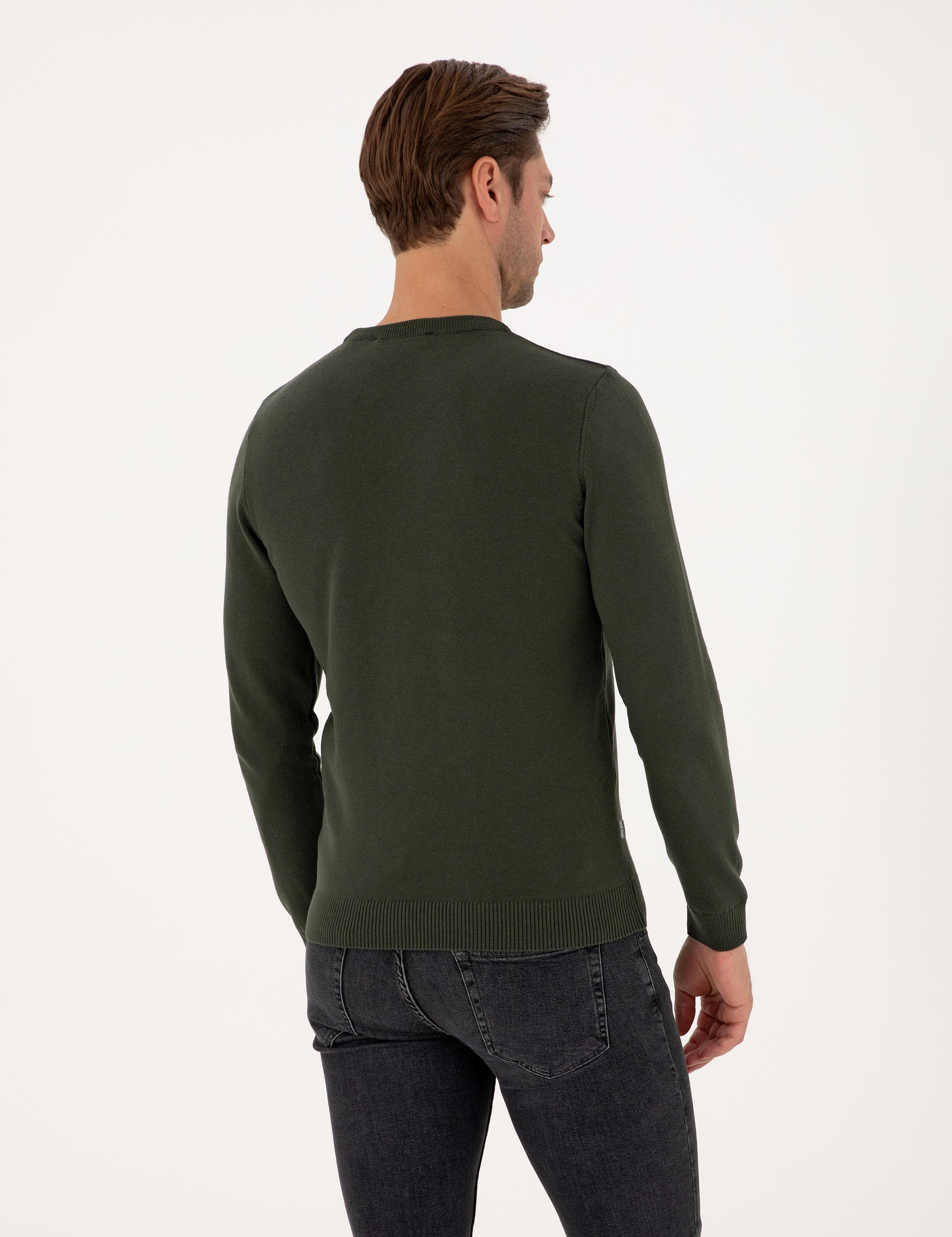 Koyu Haki Slim Fit Bisiklet Yaka Basic Triko Kazak