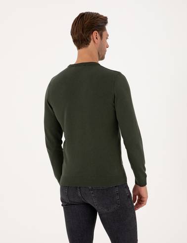 Koyu Haki Slim Fit Bisiklet Yaka Basic Triko Kazak