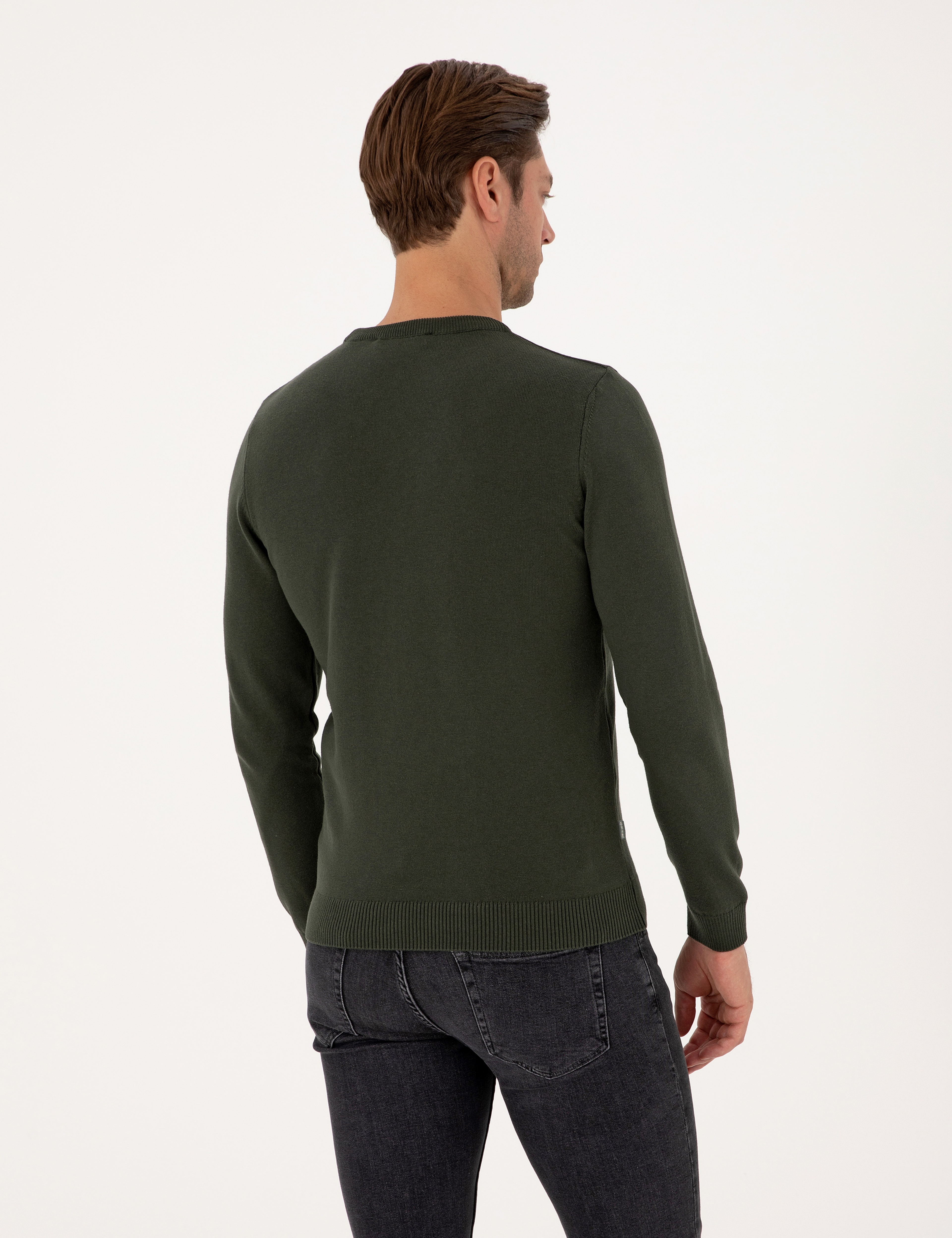 Koyu Haki Slim Fit Bisiklet Yaka Basic Triko Kazak