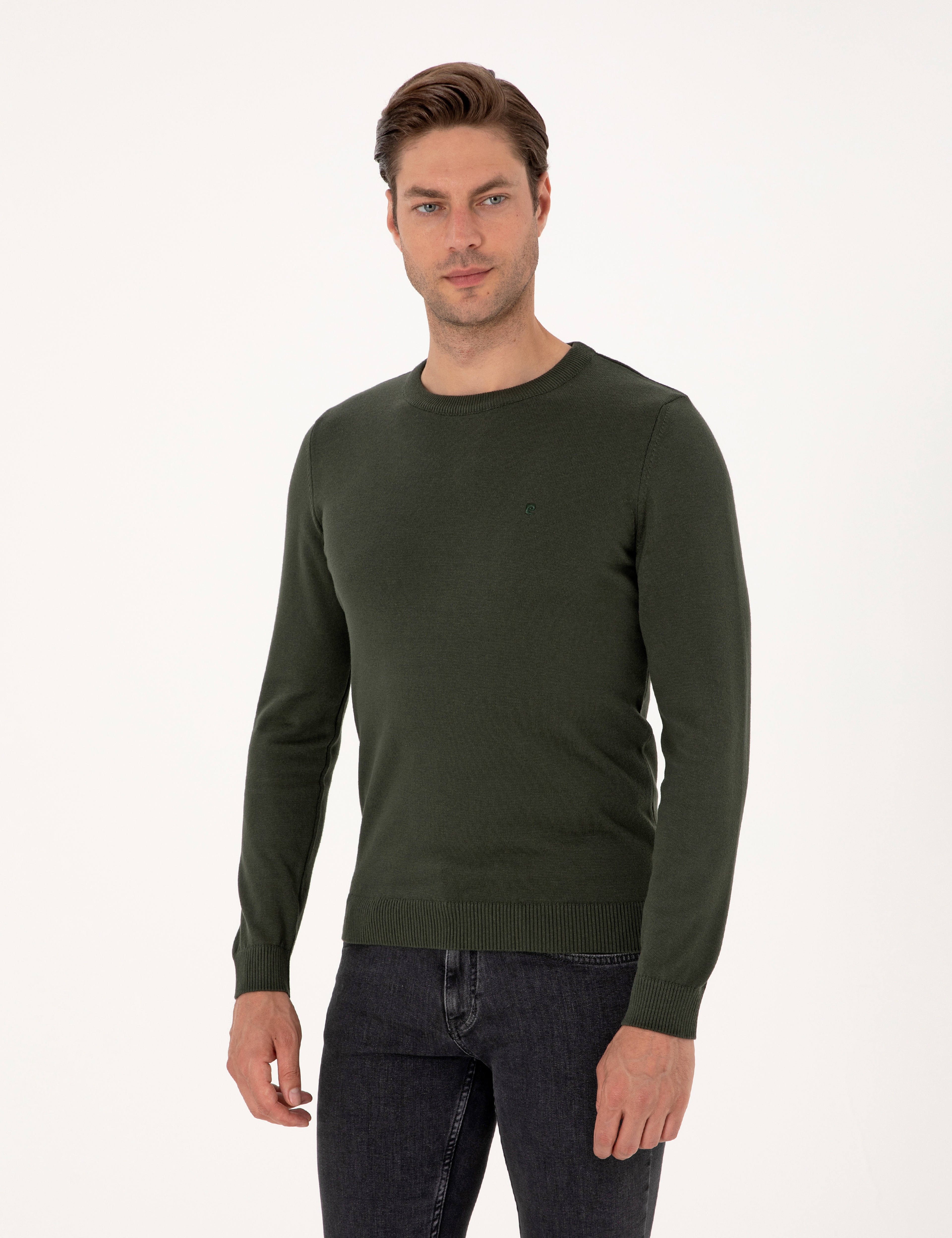 Koyu Haki Slim Fit Bisiklet Yaka Basic Triko Kazak - Image 1