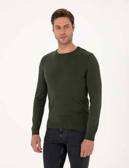 Koyu Haki Slim Fit Bisiklet Yaka Basic Triko Kazak - 50315509099