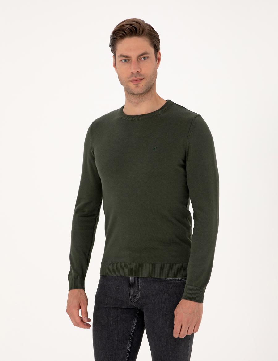 Koyu Haki Slim Fit Bisiklet Yaka Basic Triko Kazak