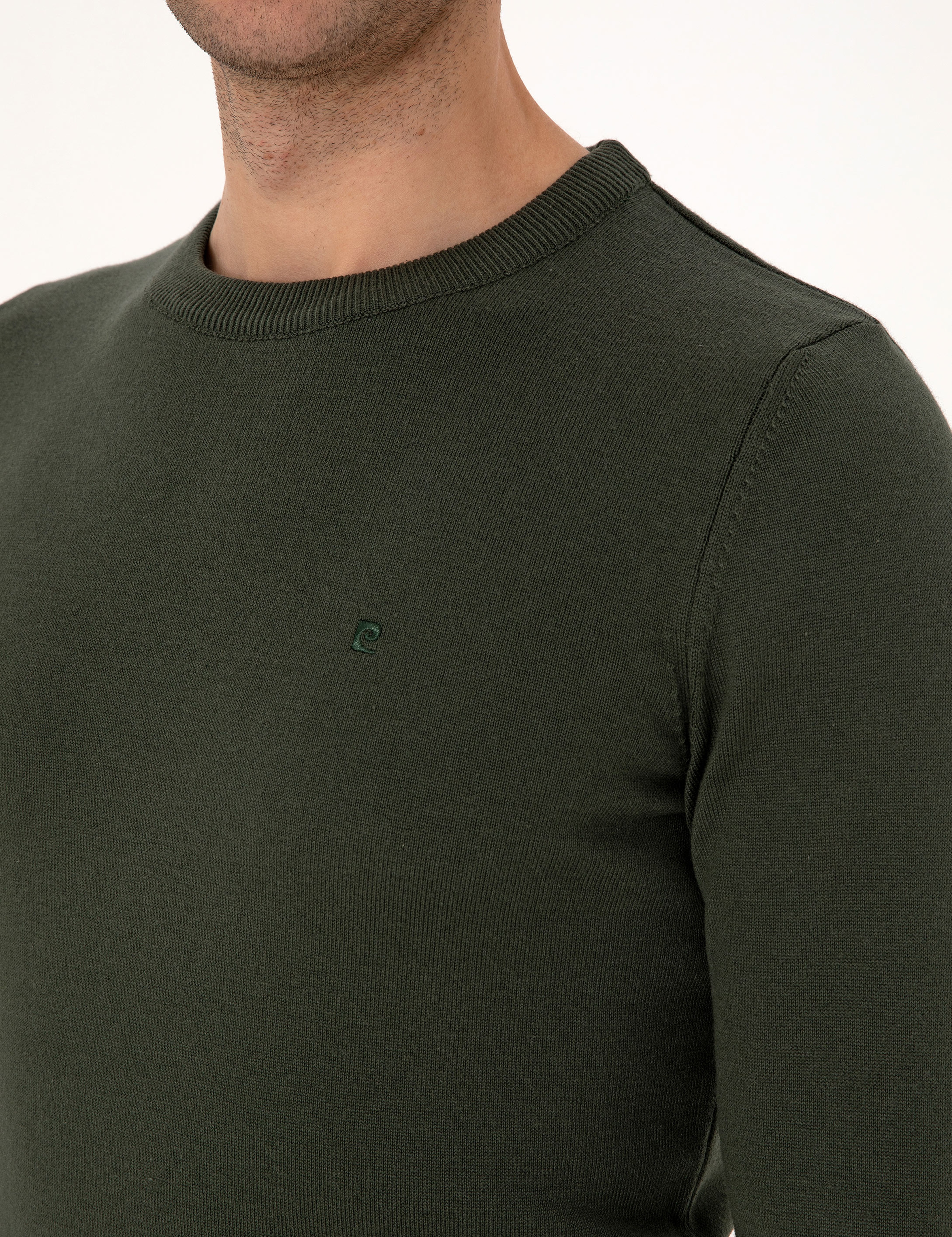 Koyu Haki Slim Fit Bisiklet Yaka Basic Triko Kazak - Image 7