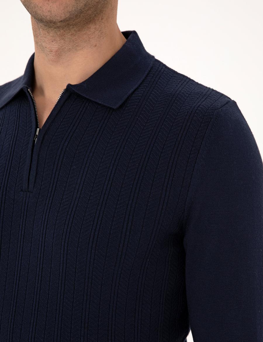 Lacivert Regular Fit Polo Yaka Fermuarlı Triko Kazak