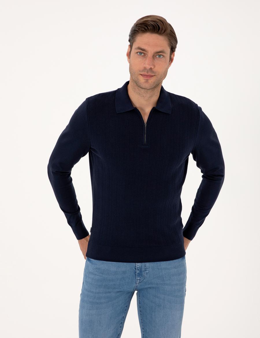 Lacivert Regular Fit Polo Yaka Fermuarlı Triko Kazak