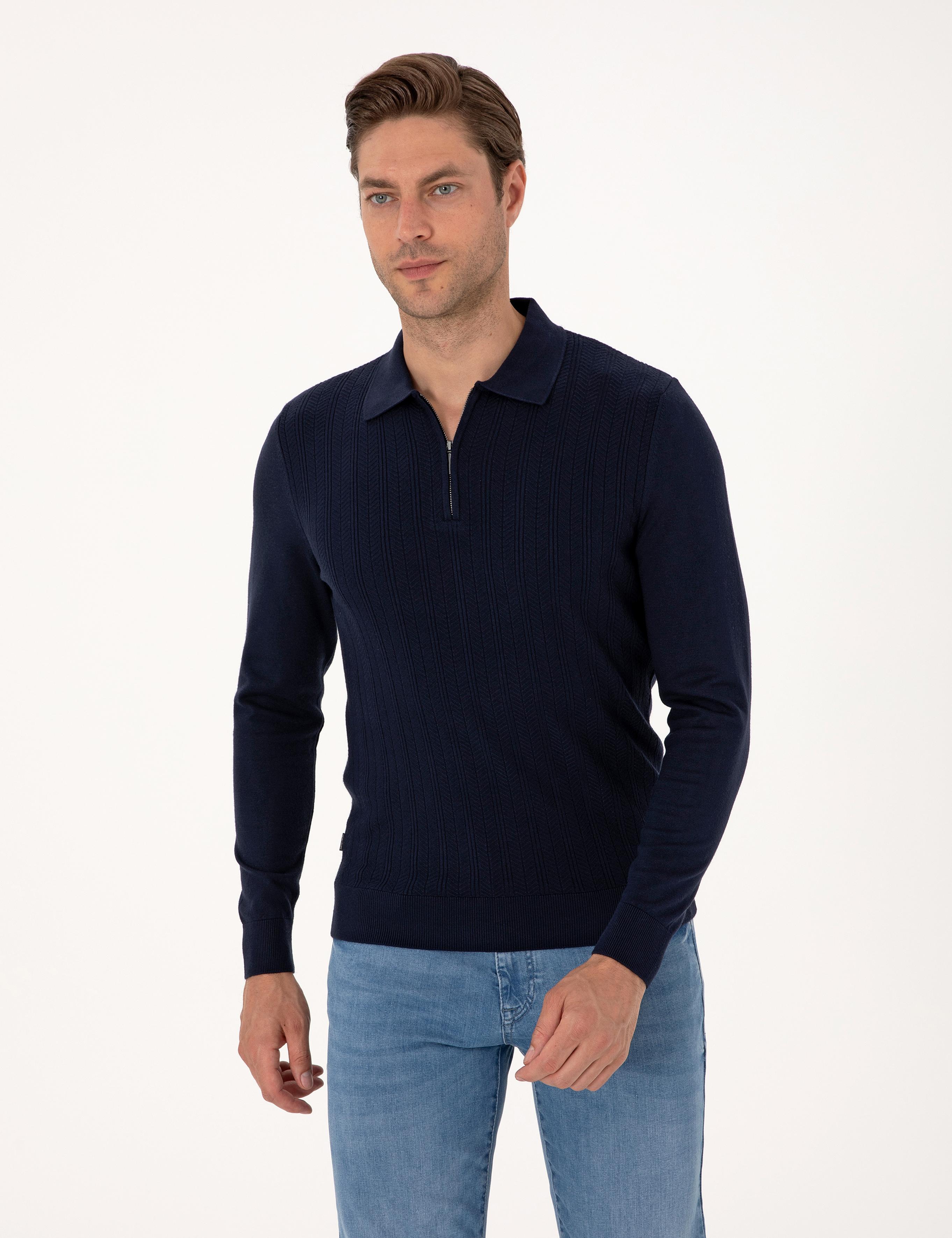 Lacivert Regular Fit Polo Yaka Fermuarlı Triko Kazak
