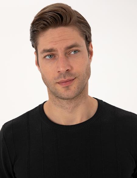 Siyah Slim Fit Bisiklet Yaka Triko Kazak - 50315584043