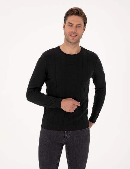 Siyah Slim Fit Bisiklet Yaka Triko Kazak - 50315584043