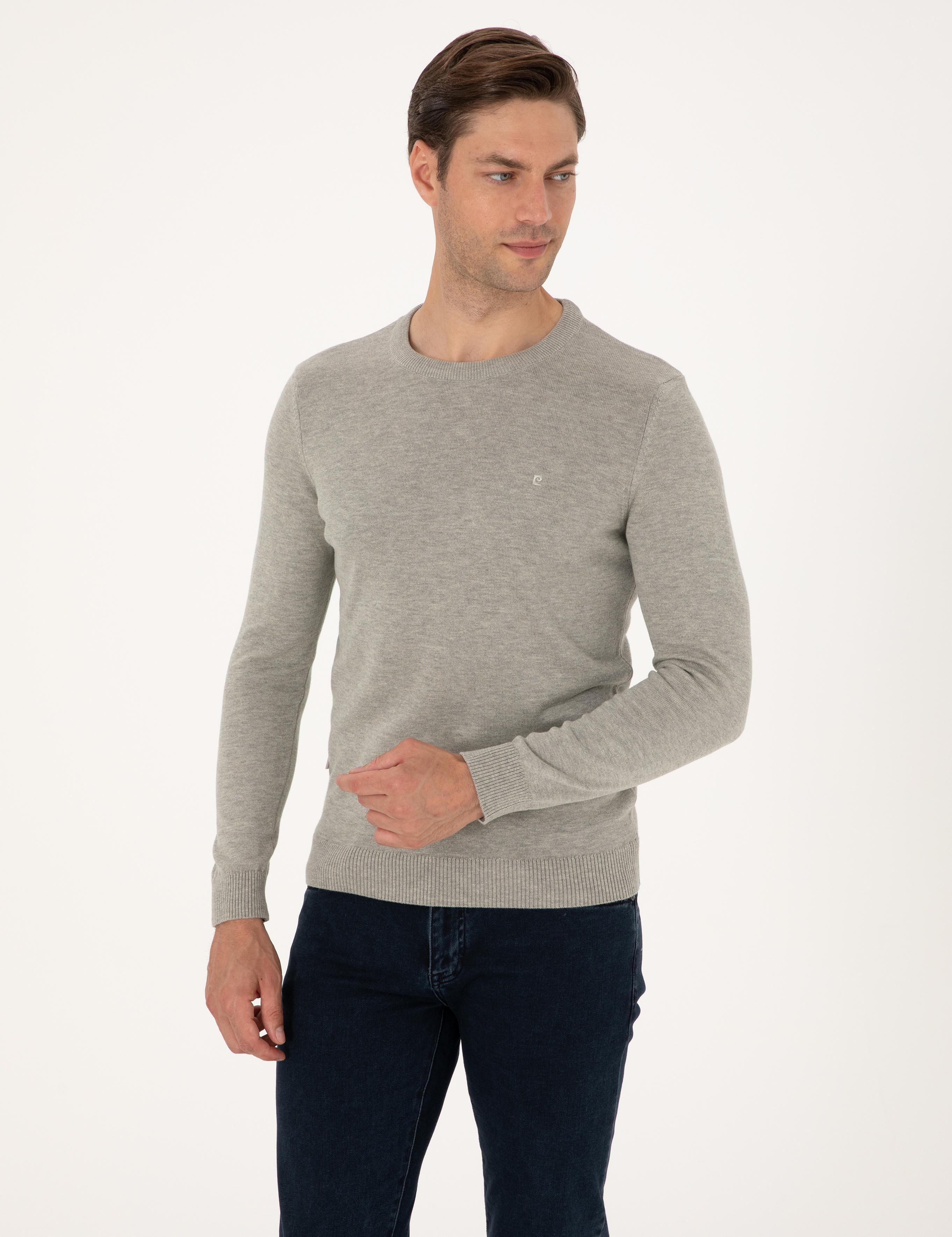 Açık Gri Melanj Slim Fit Bisiklet Yaka Basic Triko Kazak