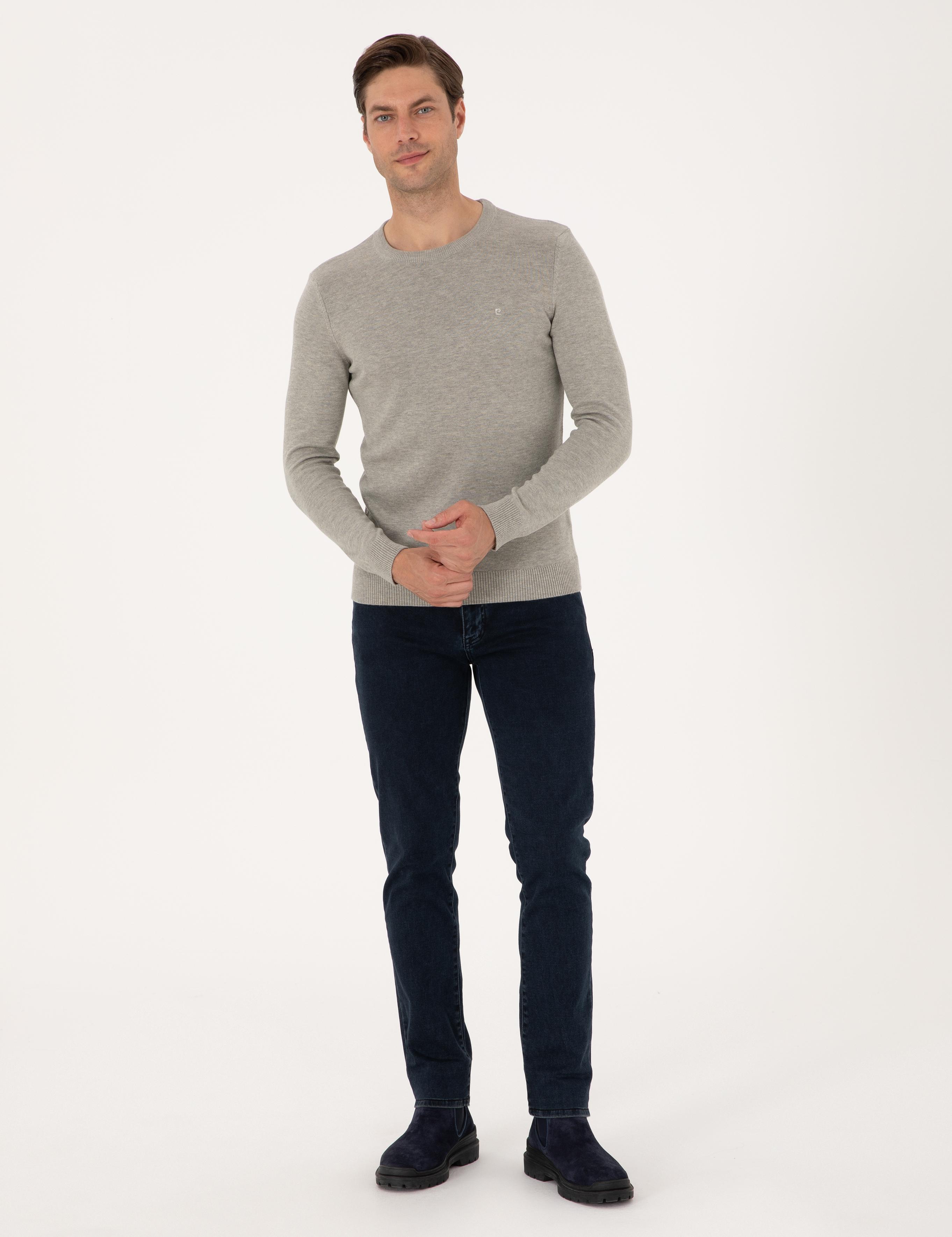 Açık Gri Melanj Slim Fit Bisiklet Yaka Basic Triko Kazak