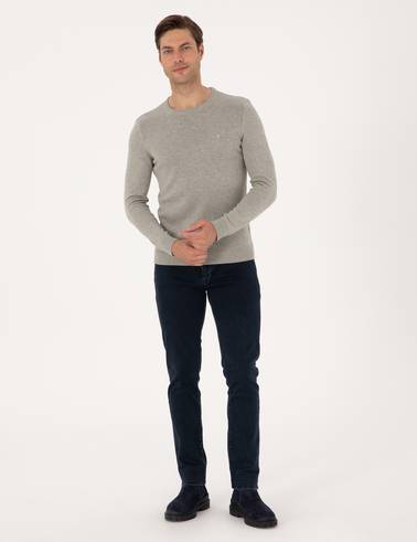 Açık Gri Melanj Slim Fit Bisiklet Yaka Basic Triko Kazak