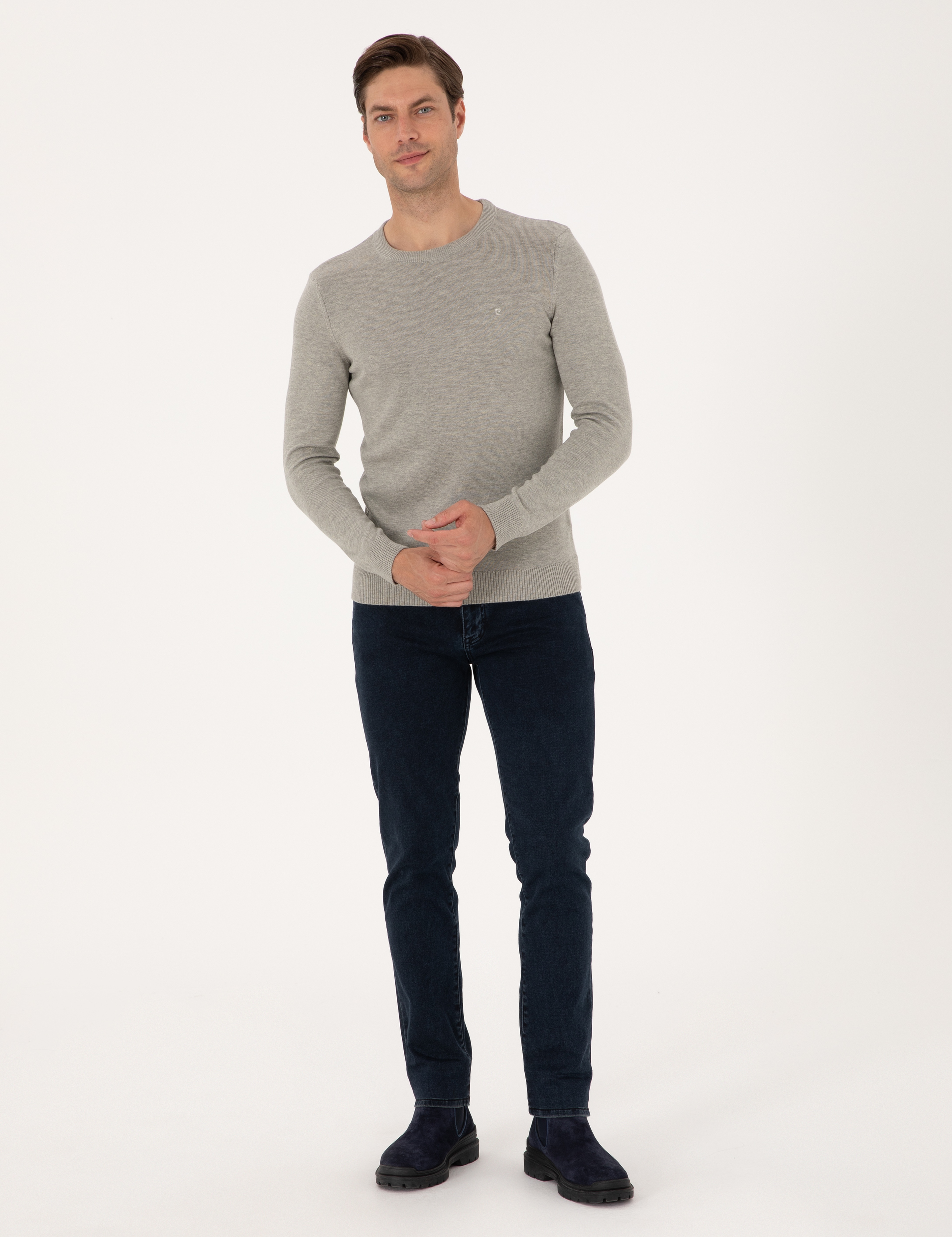 Açık Gri Melanj Slim Fit Bisiklet Yaka Basic Triko Kazak - Image 4