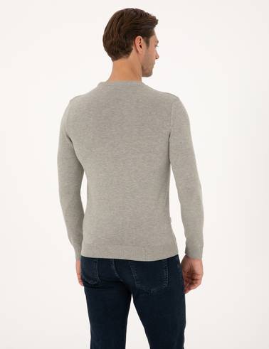Açık Gri Melanj Slim Fit Bisiklet Yaka Basic Triko Kazak