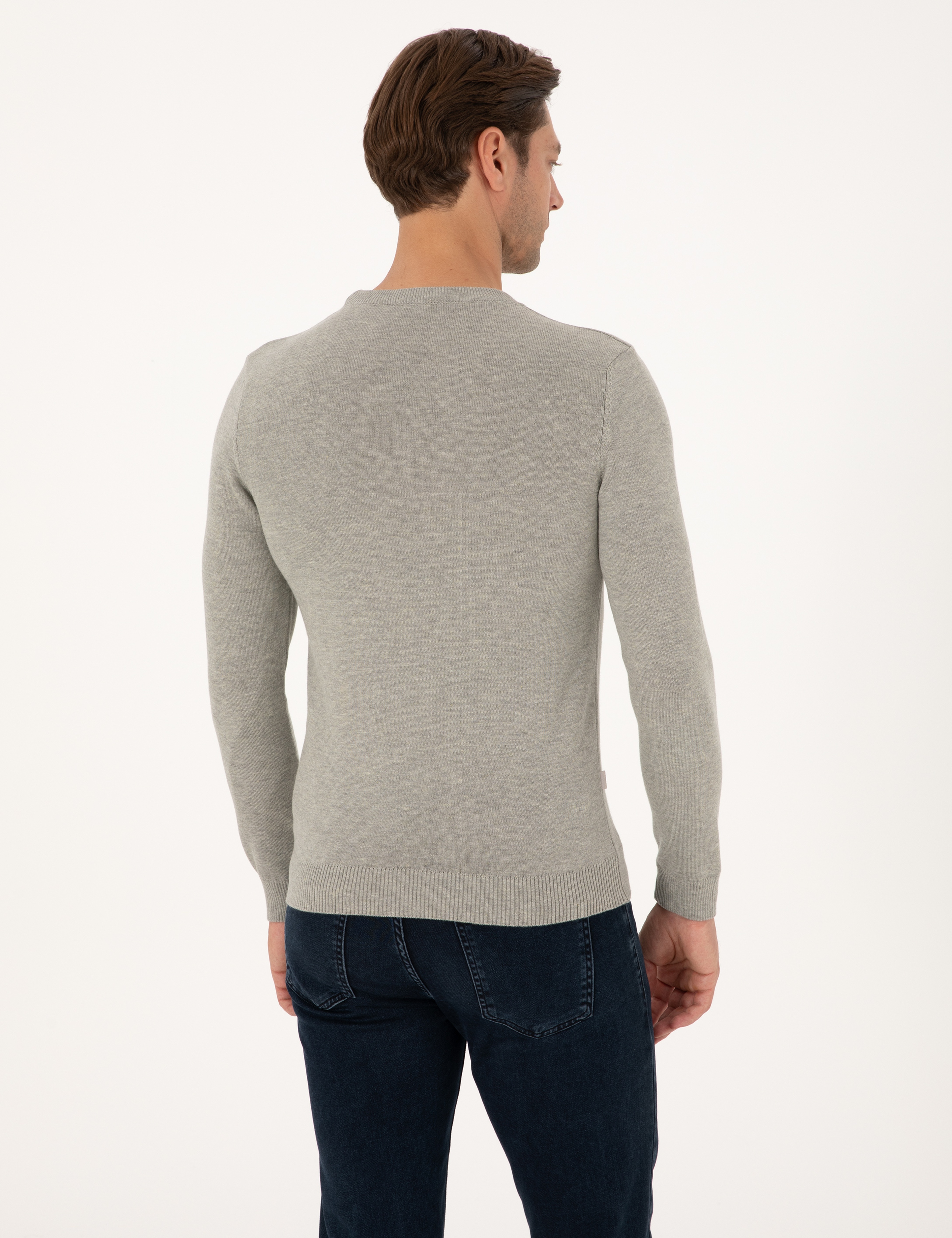 Açık Gri Melanj Slim Fit Bisiklet Yaka Basic Triko Kazak - Image 5