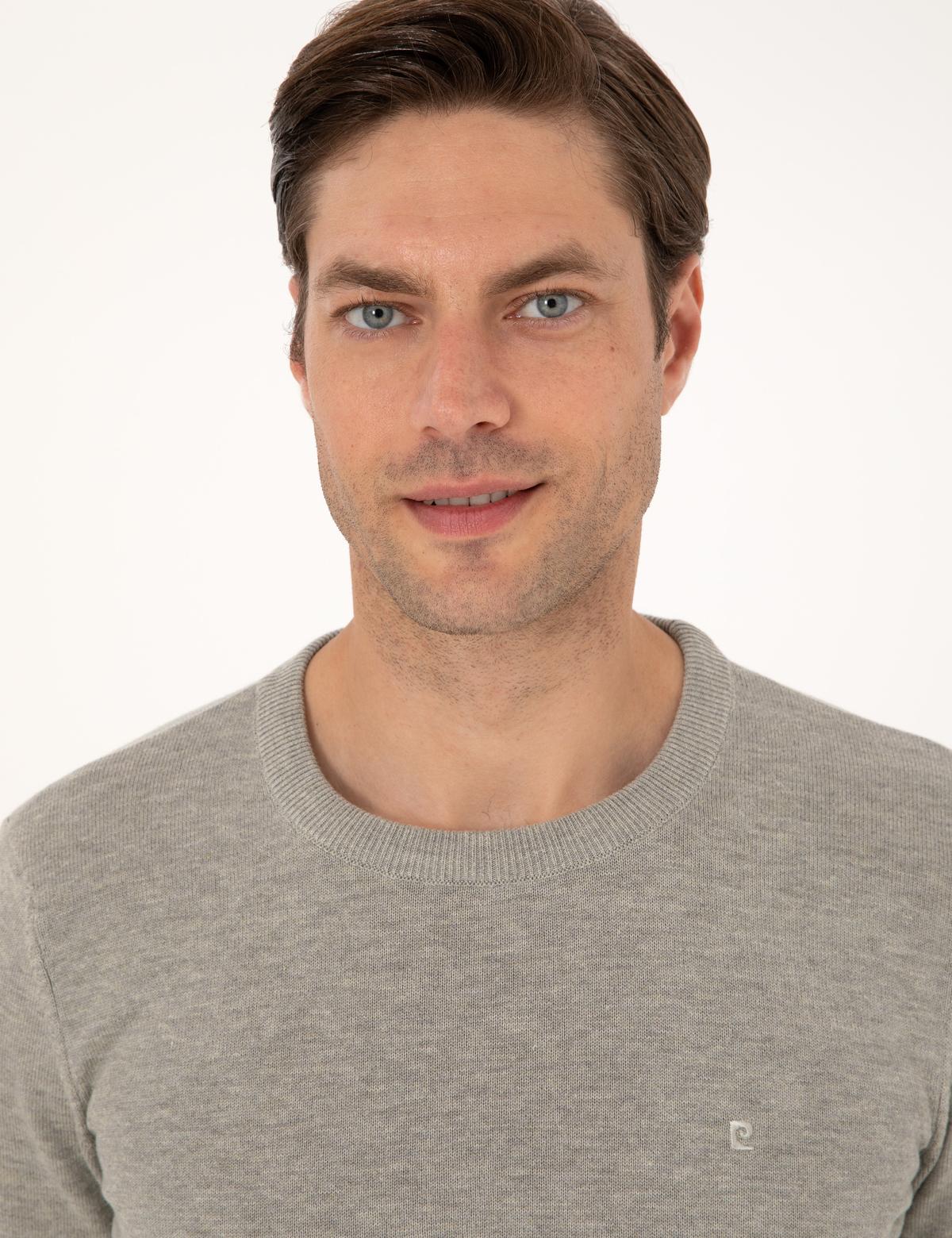 Açık Gri Melanj Slim Fit Bisiklet Yaka Basic Triko Kazak - 50315509083