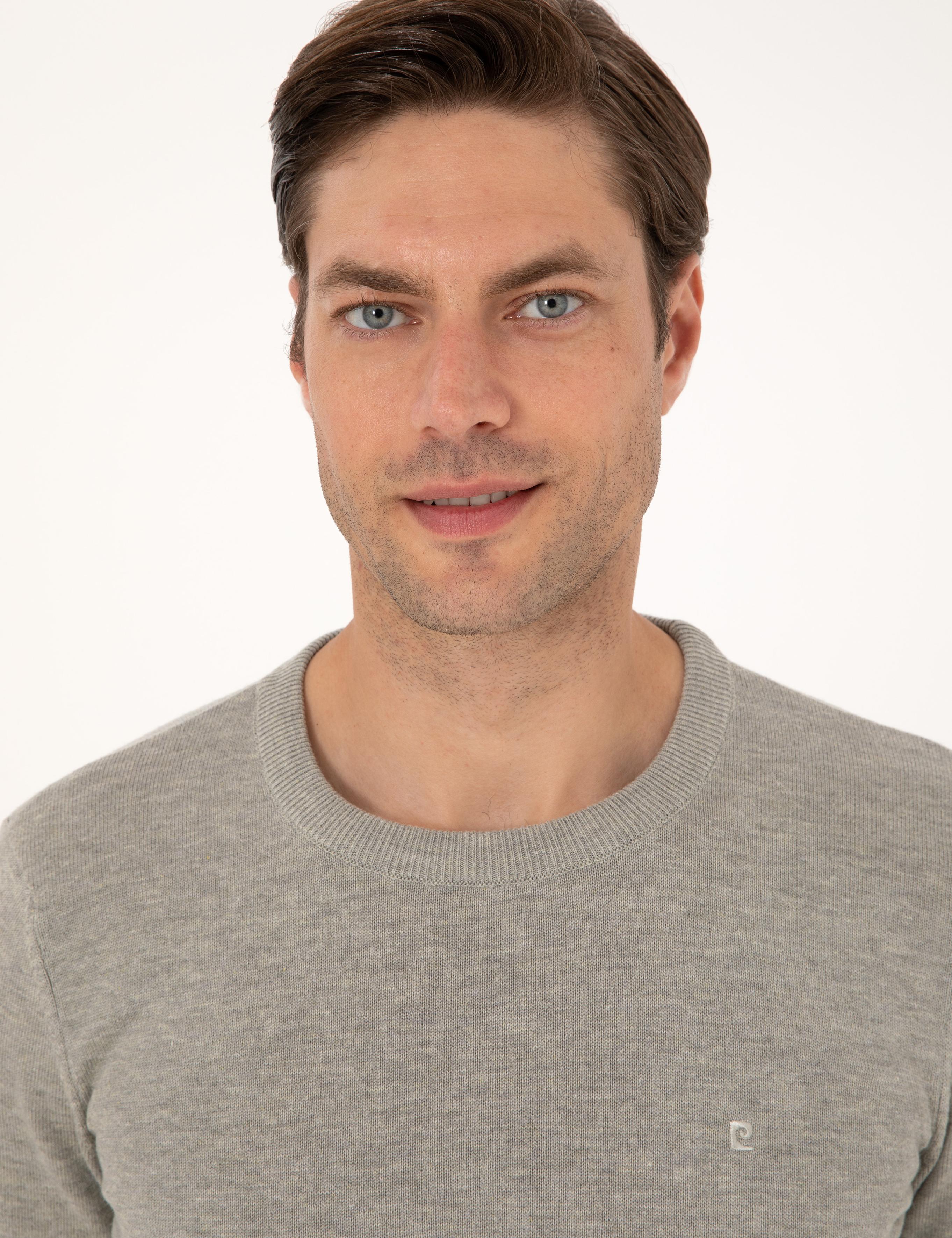 Açık Gri Melanj Slim Fit Bisiklet Yaka Basic Triko Kazak