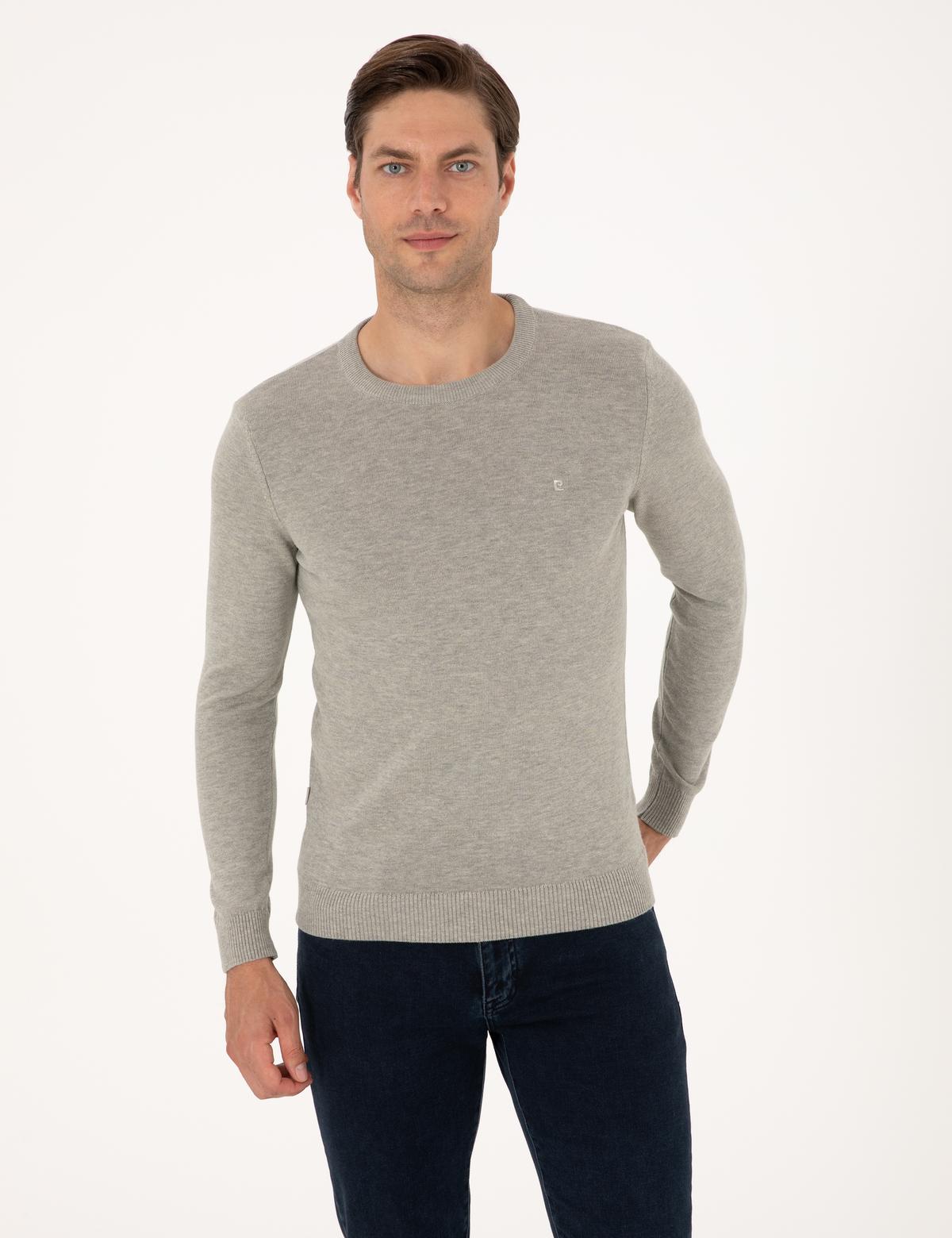 Açık Gri Melanj Slim Fit Bisiklet Yaka Basic Triko Kazak