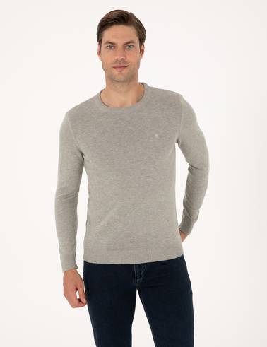 Açık Gri Melanj Slim Fit Bisiklet Yaka Basic Triko Kazak