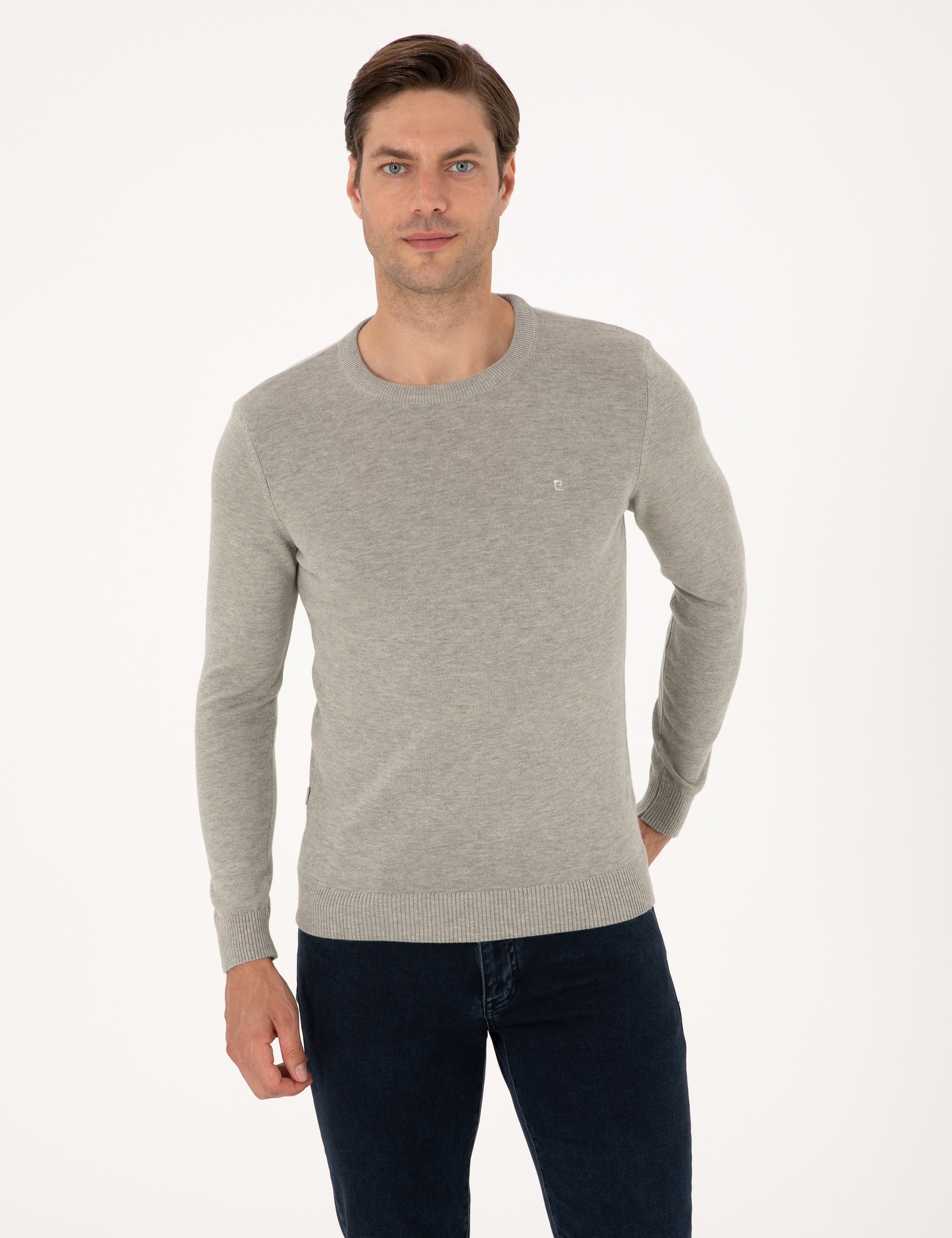 Açık Gri Melanj Slim Fit Bisiklet Yaka Basic Triko Kazak - Image 1