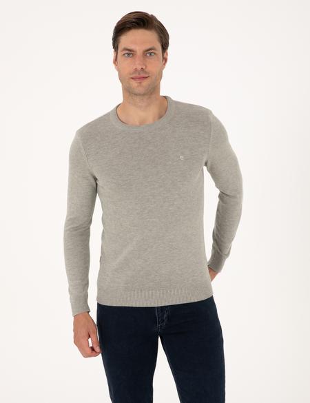 Açık Gri Melanj Slim Fit Bisiklet Yaka Basic Triko Kazak - 50315509083