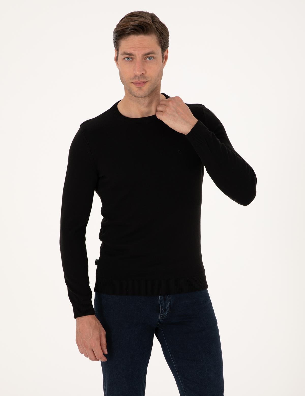 Siyah Slim Fit Bisiklet Yaka Basic Triko Kazak