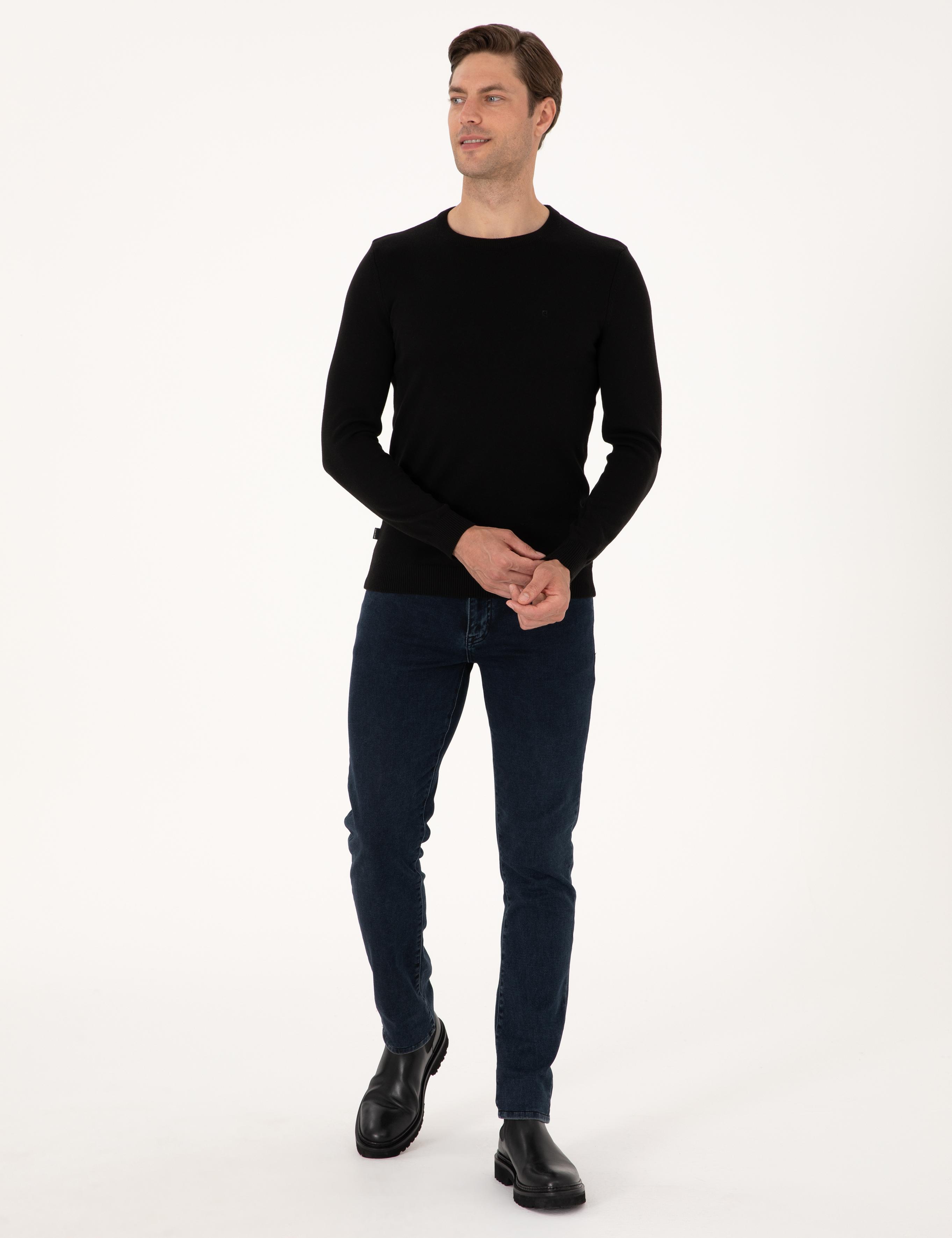 Siyah Slim Fit Bisiklet Yaka Basic Triko Kazak