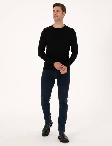 Siyah Slim Fit Bisiklet Yaka Basic Triko Kazak