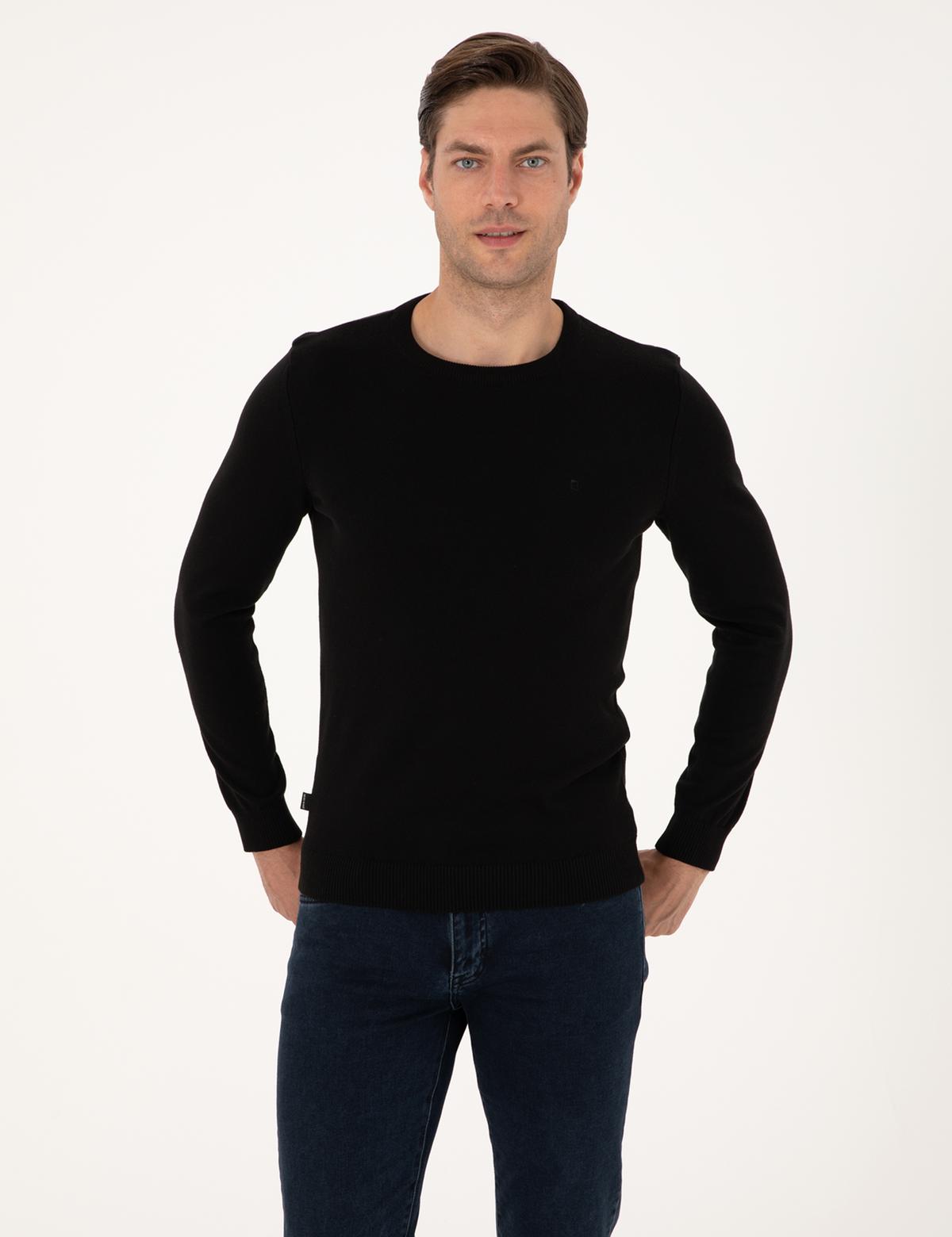 Siyah Slim Fit Bisiklet Yaka Basic Triko Kazak - 50315509056