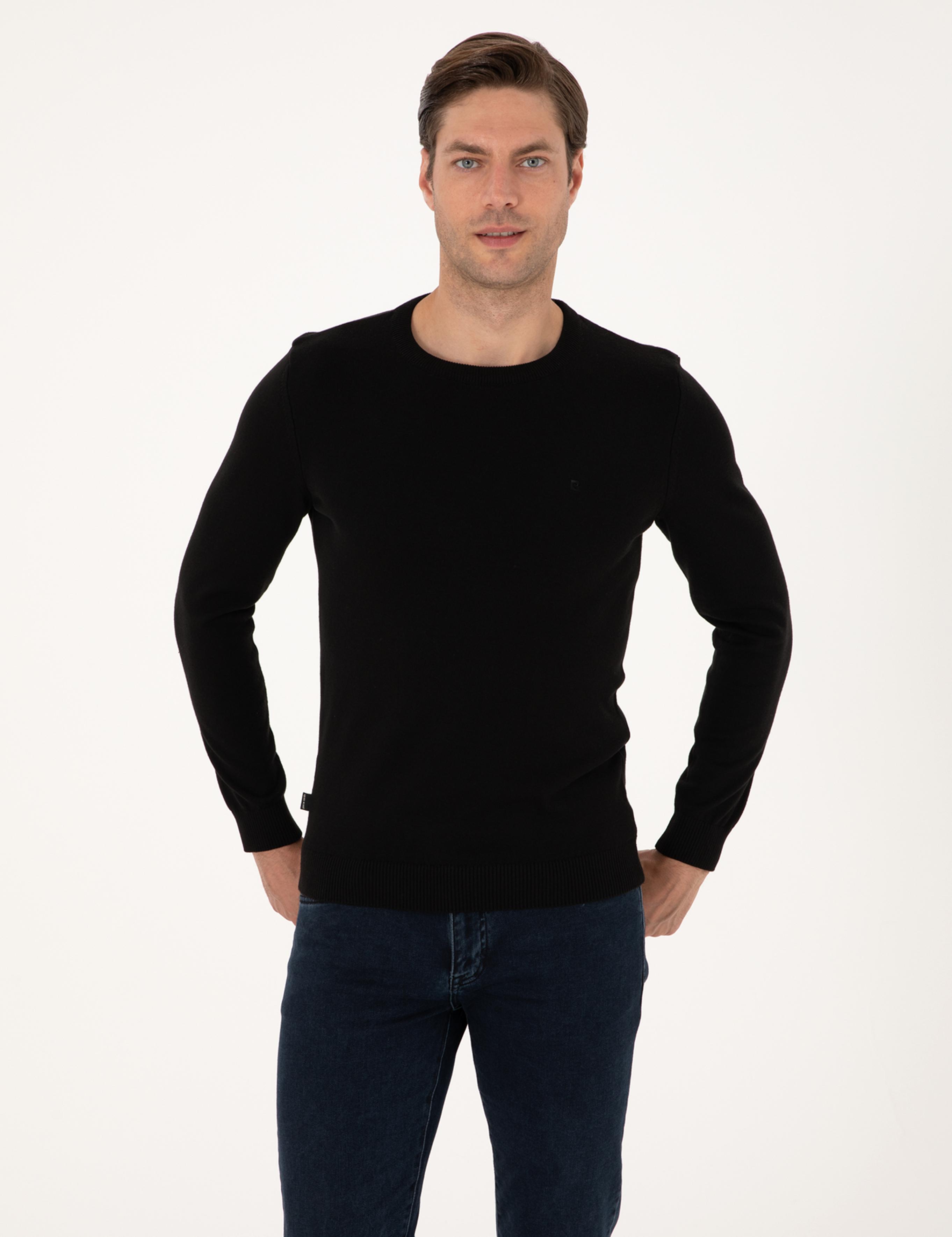 Siyah Slim Fit Bisiklet Yaka Basic Triko Kazak