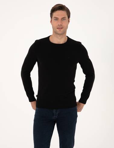 Siyah Slim Fit Bisiklet Yaka Basic Triko Kazak