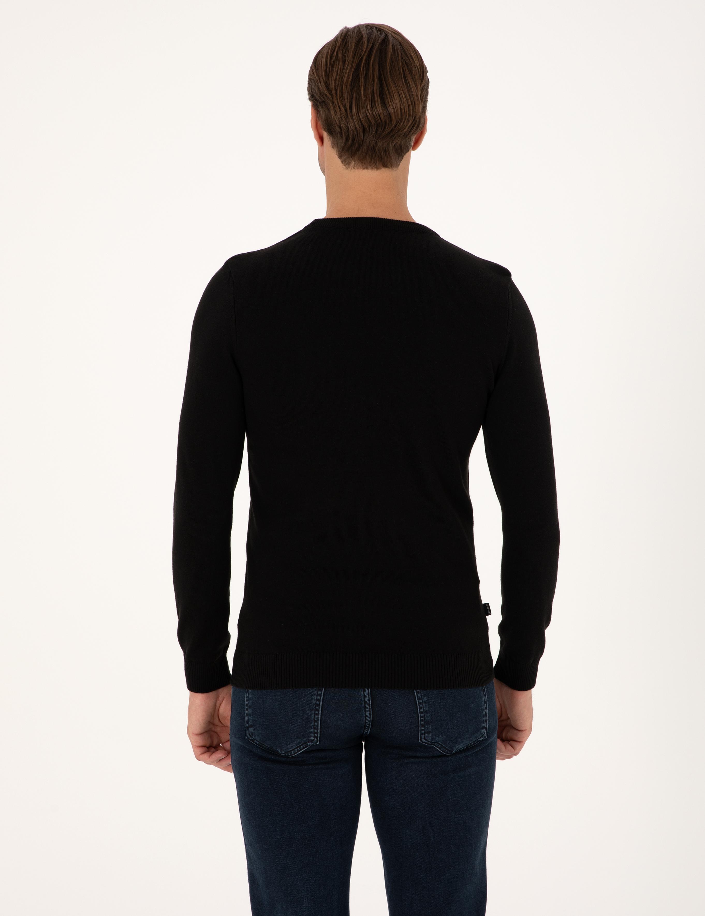 Siyah Slim Fit Bisiklet Yaka Basic Triko Kazak