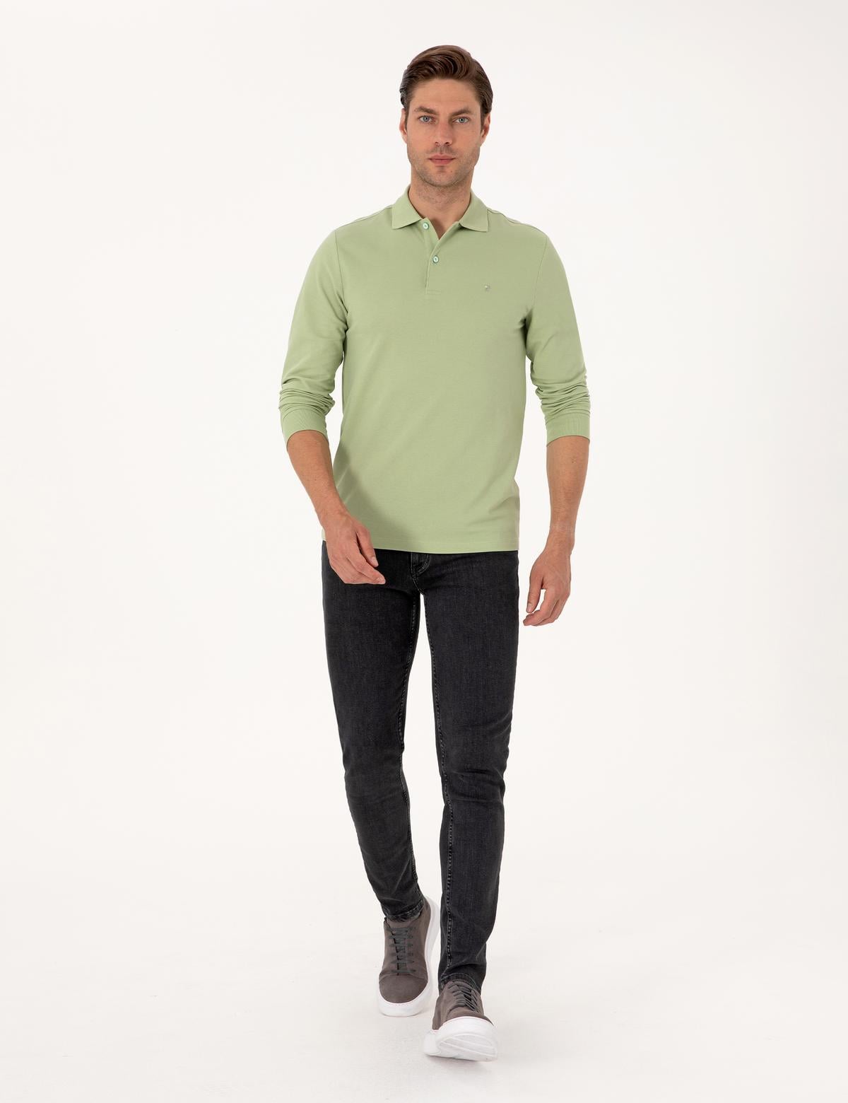 Çağla Slim Fit Kıvrılmaz Polo Yaka Basic Pike Sweatshirt - 50314048153