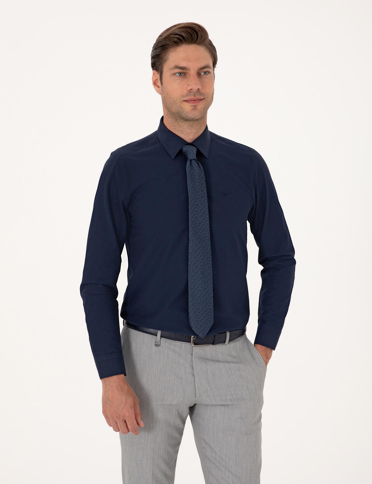 Lacivert Slim Fit Uzun Kollu Basic Gömlek