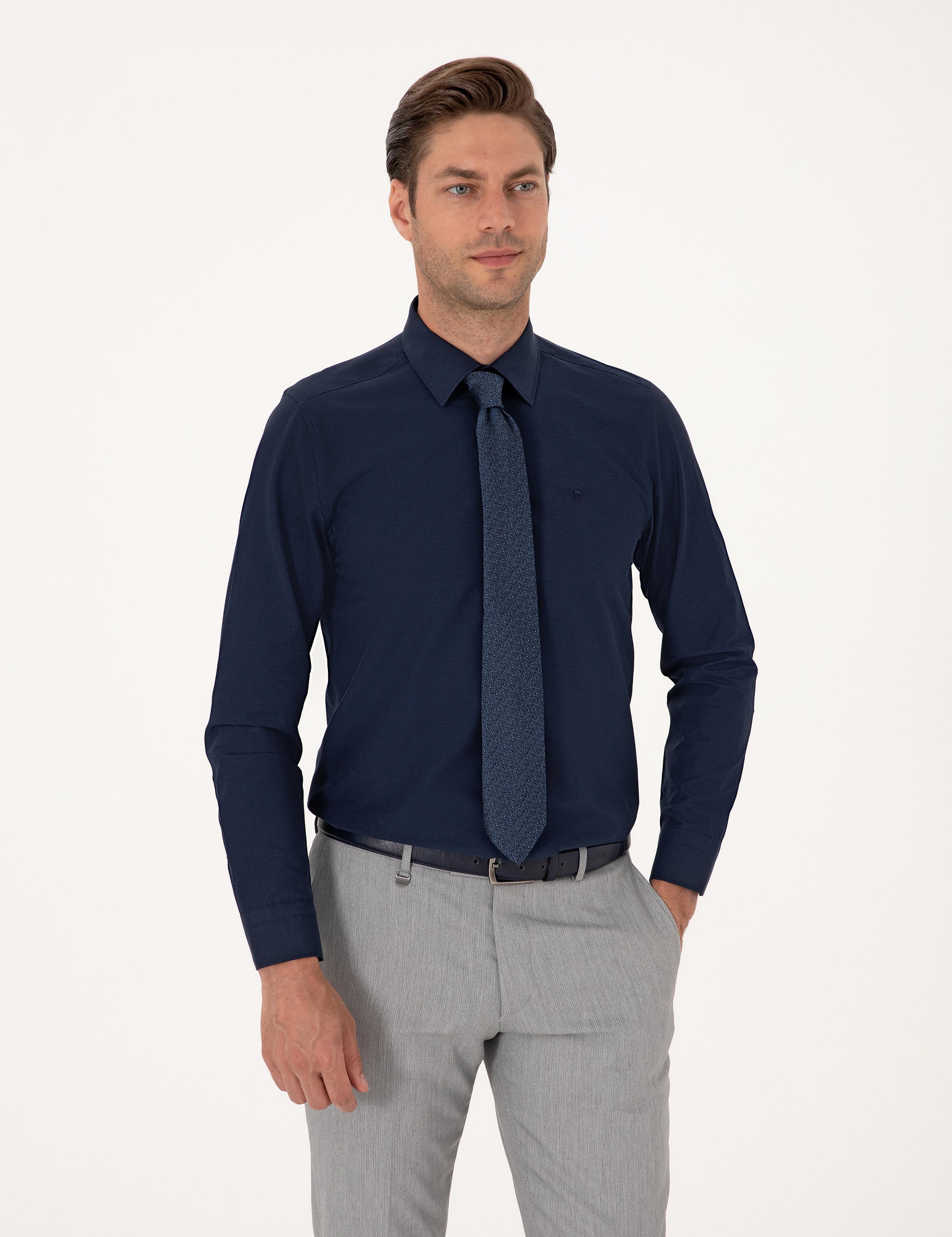 Lacivert Slim Fit Uzun Kollu Basic Gömlek