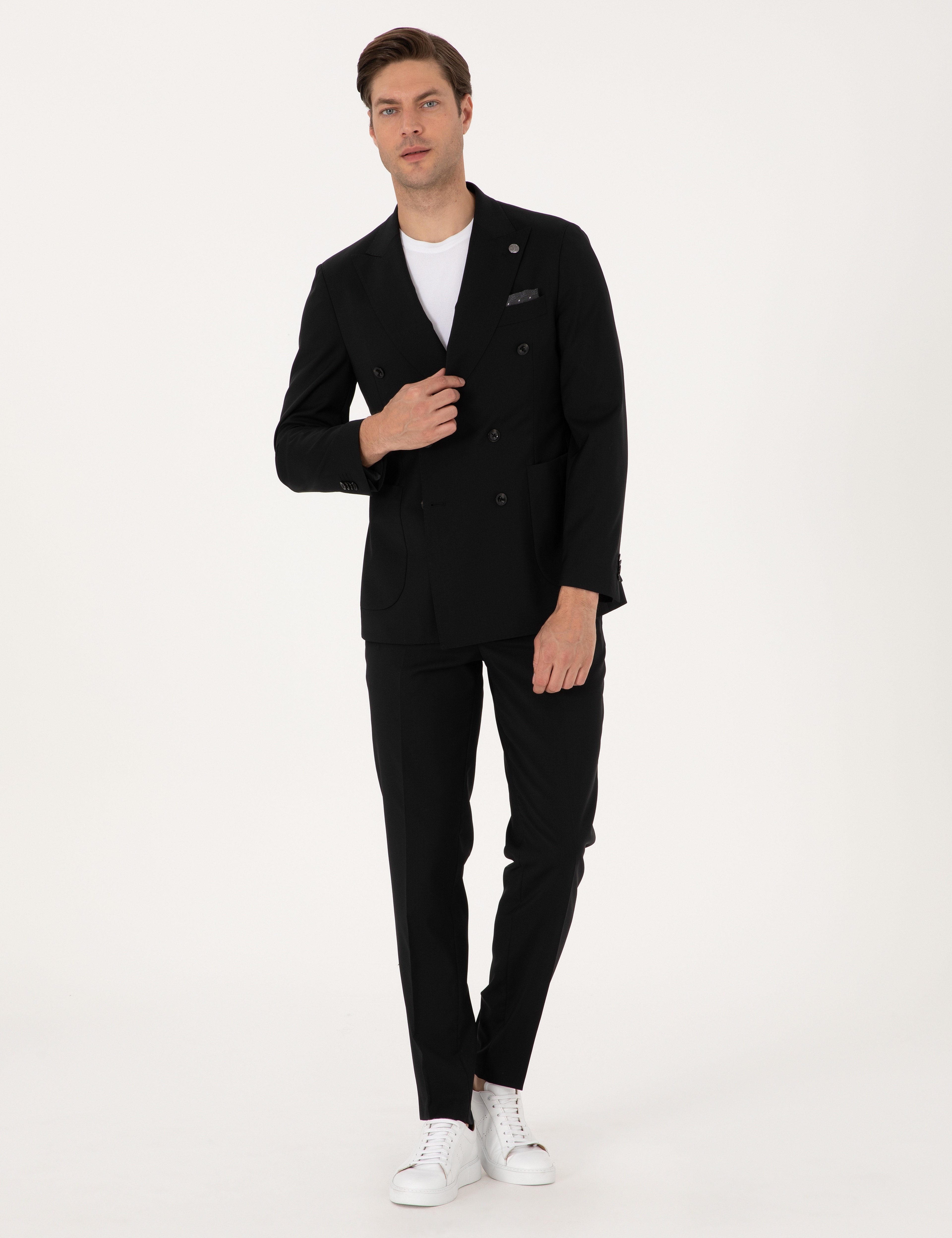 Siyah Extra Slim Fit %100 Yün Kruvaze Takım Elbise