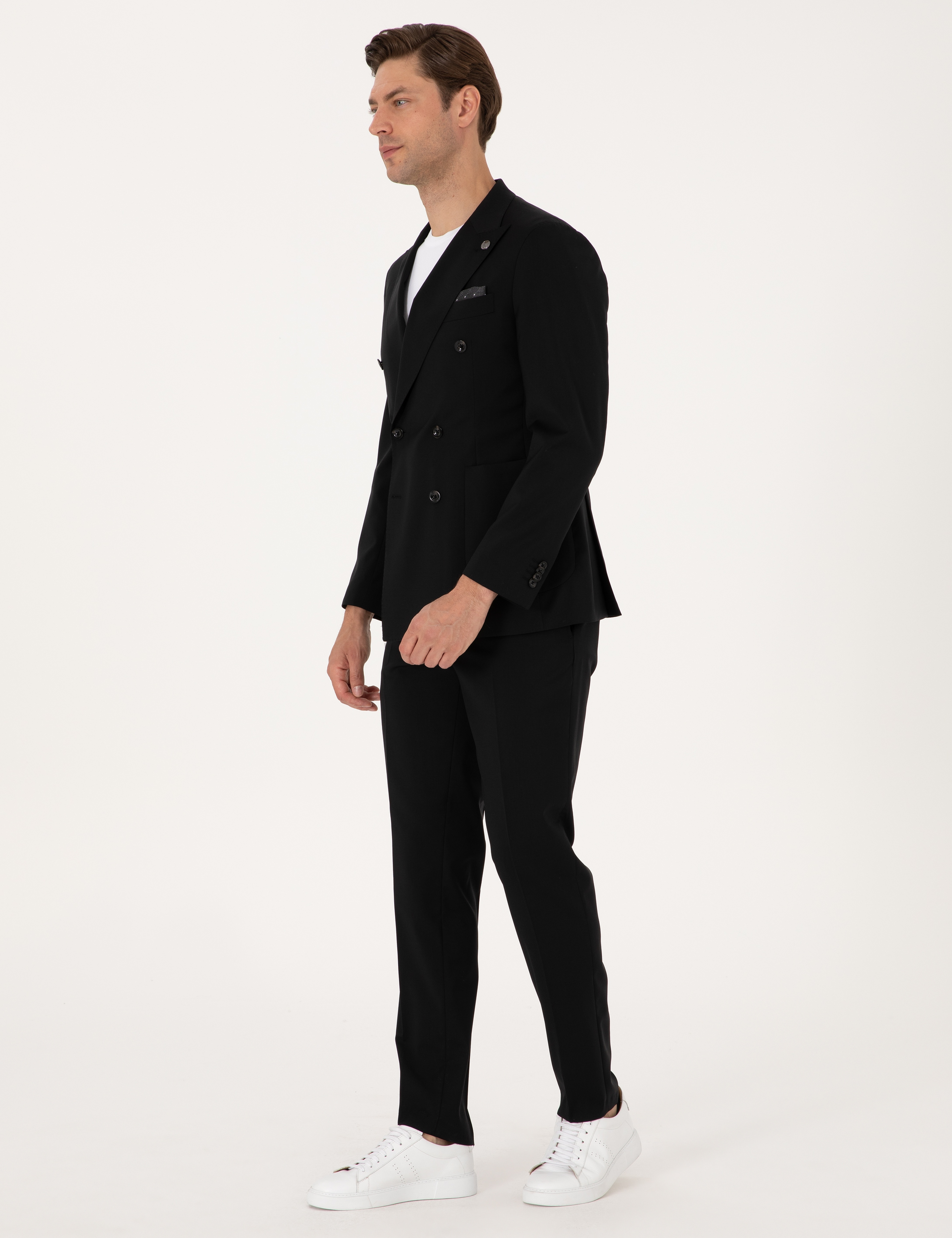 Siyah Extra Slim Fit %100 Yün Kruvaze Takım Elbise - Image 4