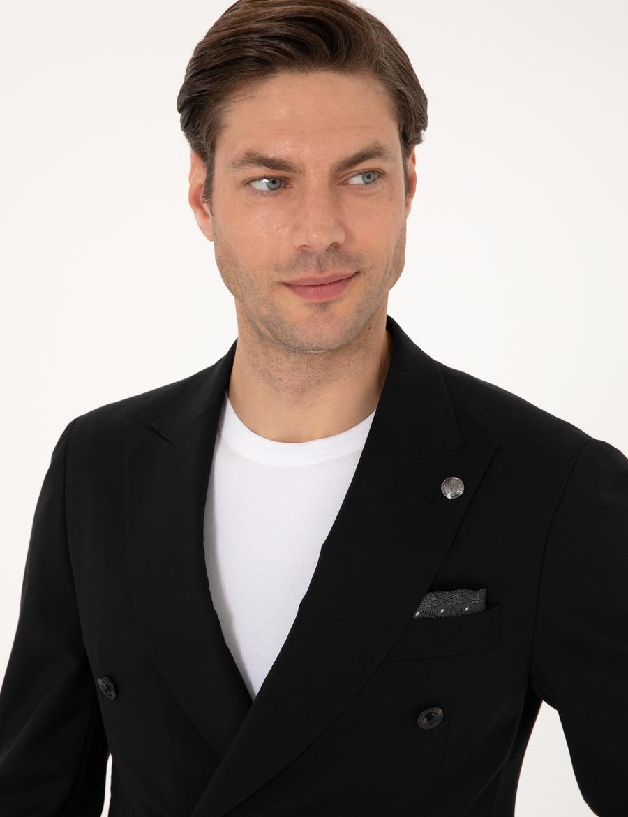 Siyah Ex. Slim Fit %100 Yün Kruvaze Takım Elbise