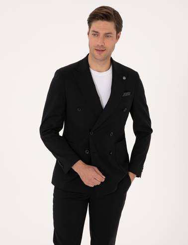Siyah Ex. Slim Fit %100 Yün Kruvaze Takım Elbise